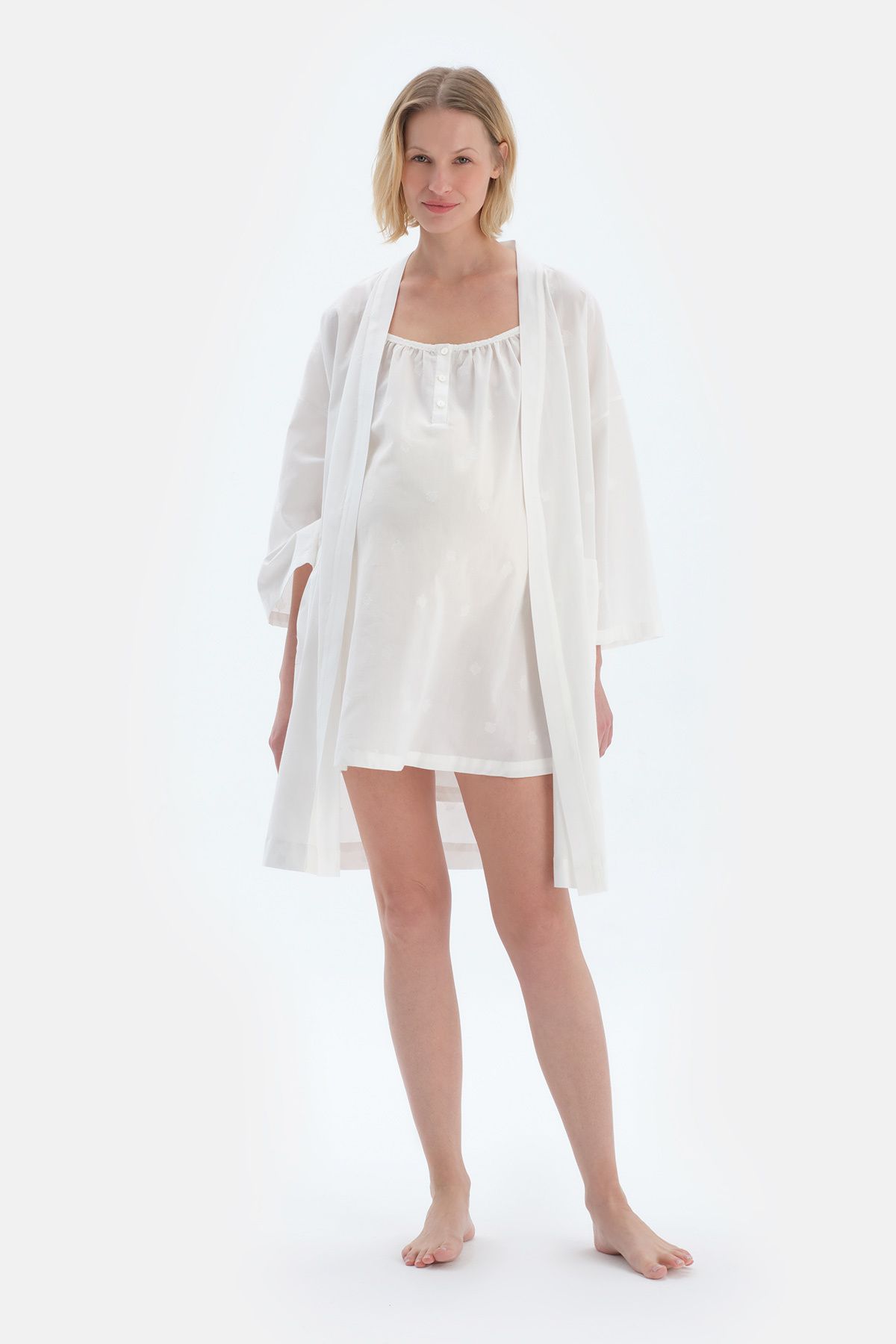 Dagi-White Long Sleeve Poplin Woven Maternity Dressing Gown 2