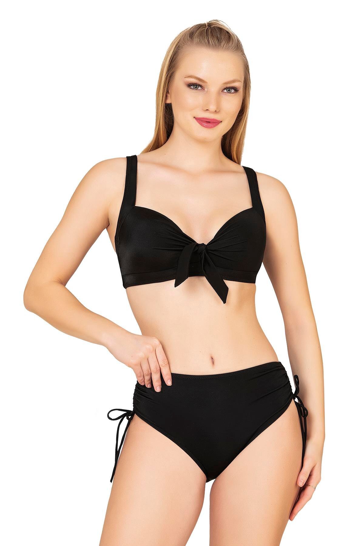 Endeep Kadın Fiyonk Detaylı Siyah Büyük Beden Bikini Takımı