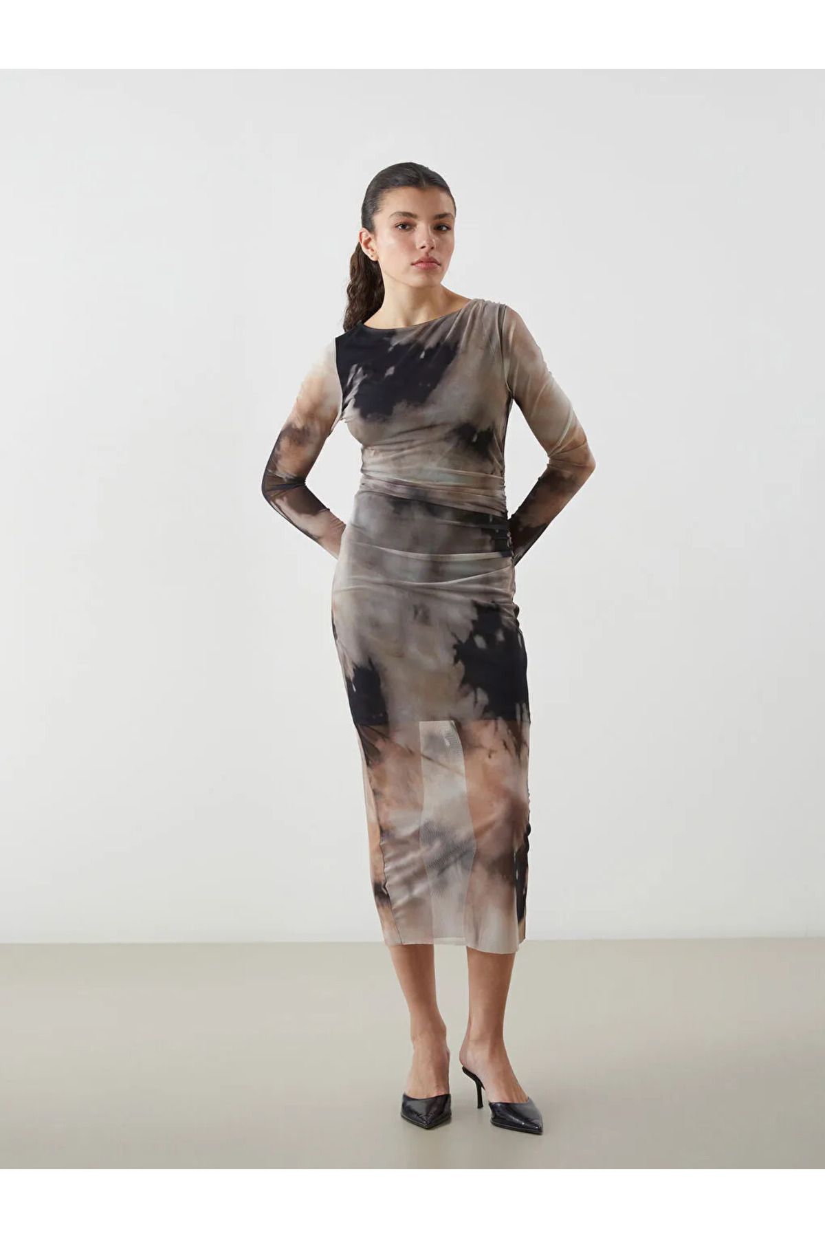 LCW Vision Lacivert Bisiklet Yaka Batik Desenli Kadın Bodycon Elbise