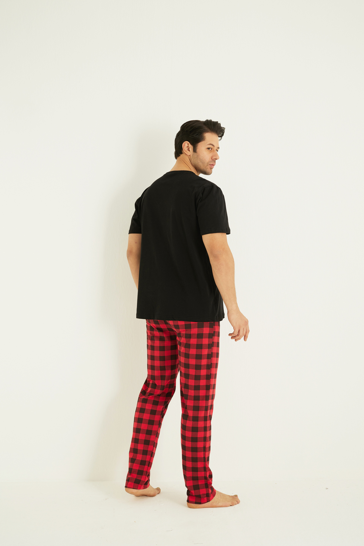 Siyah İnci siyah desenli Pamuklu Bisiklet Yaka Kısa Kollu Örme Pijama Takım görsel 3