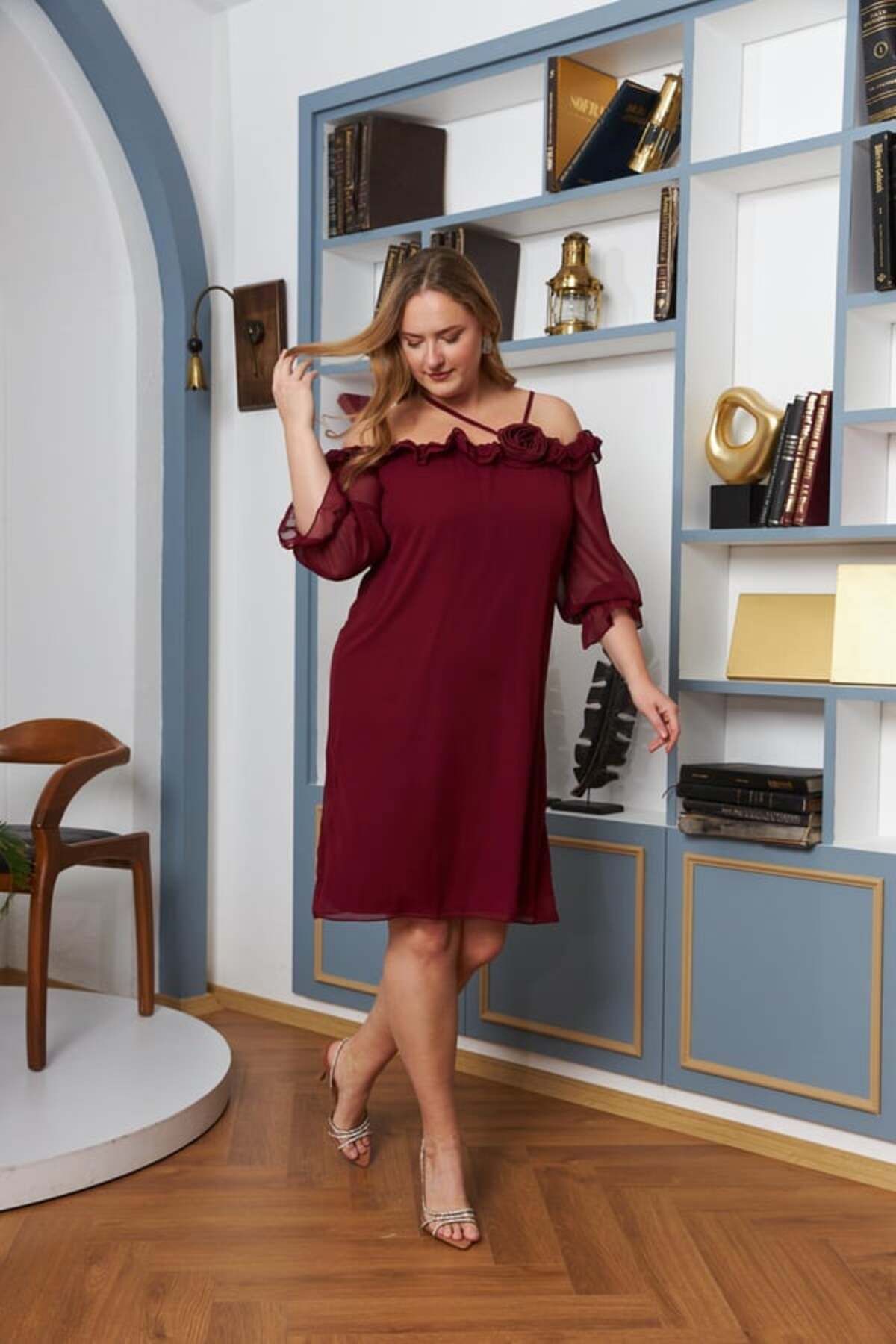 RMG-Plus Size Ruffle Chiffon Dress - Rose with Neckline and Detail 4