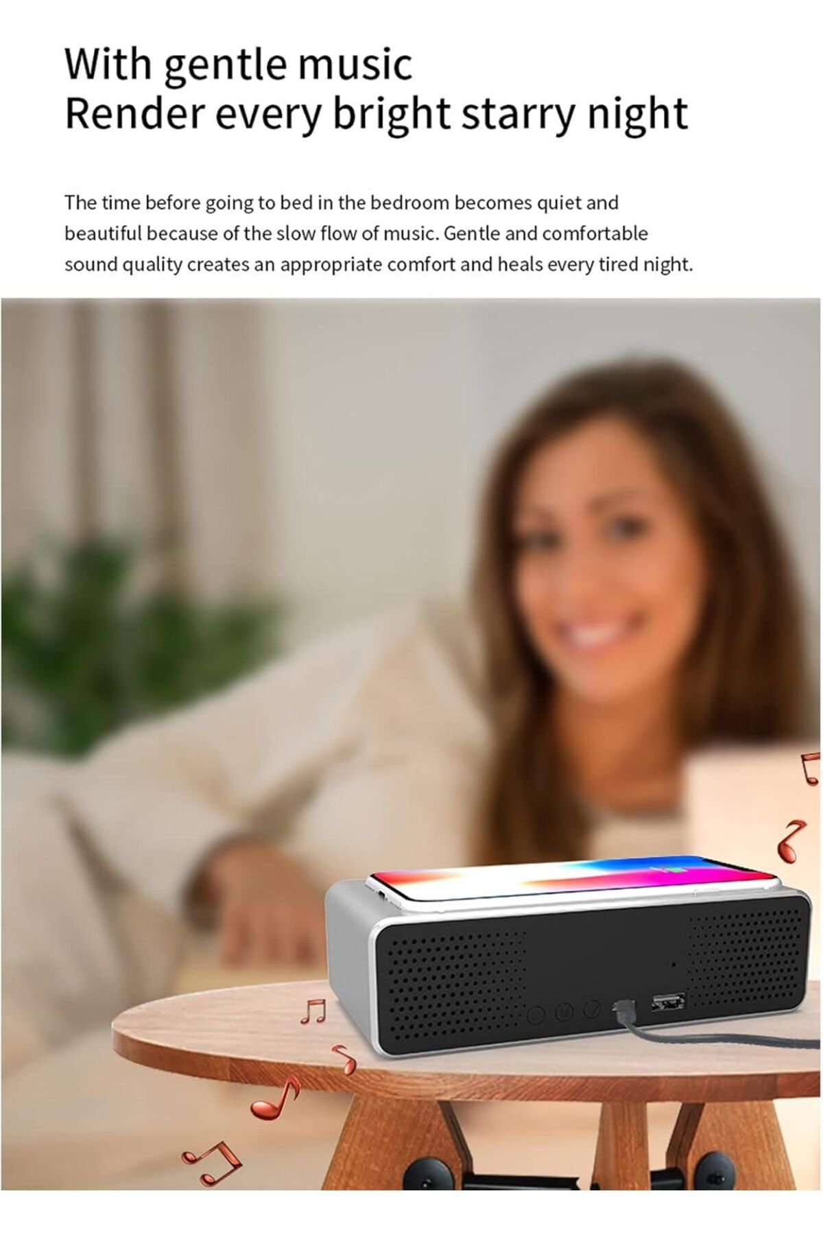 COOYA-Wireless Speaker, Fast Charging Stand, Alarm Clock, Time Temperature Display with USB Output 5