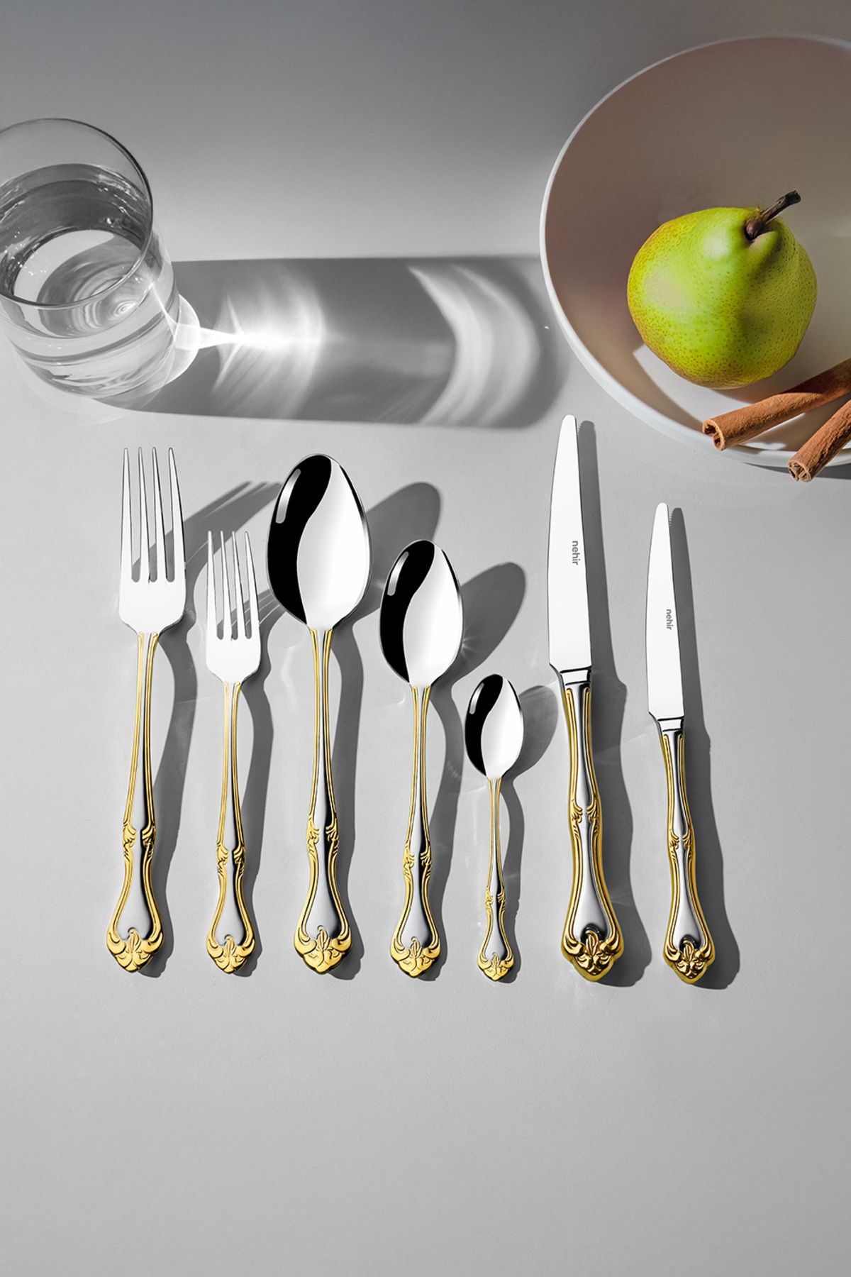 Nehir-Lalezar Gold Satin 12-Person 89-Piece Leather Boxed Cutlery Set 1