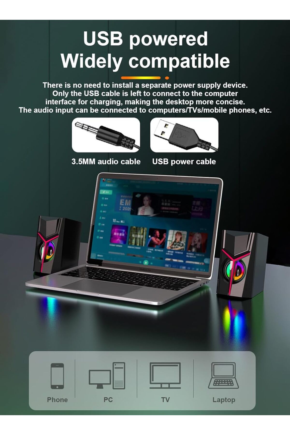 COOYA-Computer Speakers, USB Powered with  LED Light Modes, Enhanced Bass and Easy-Access Volume Control 3