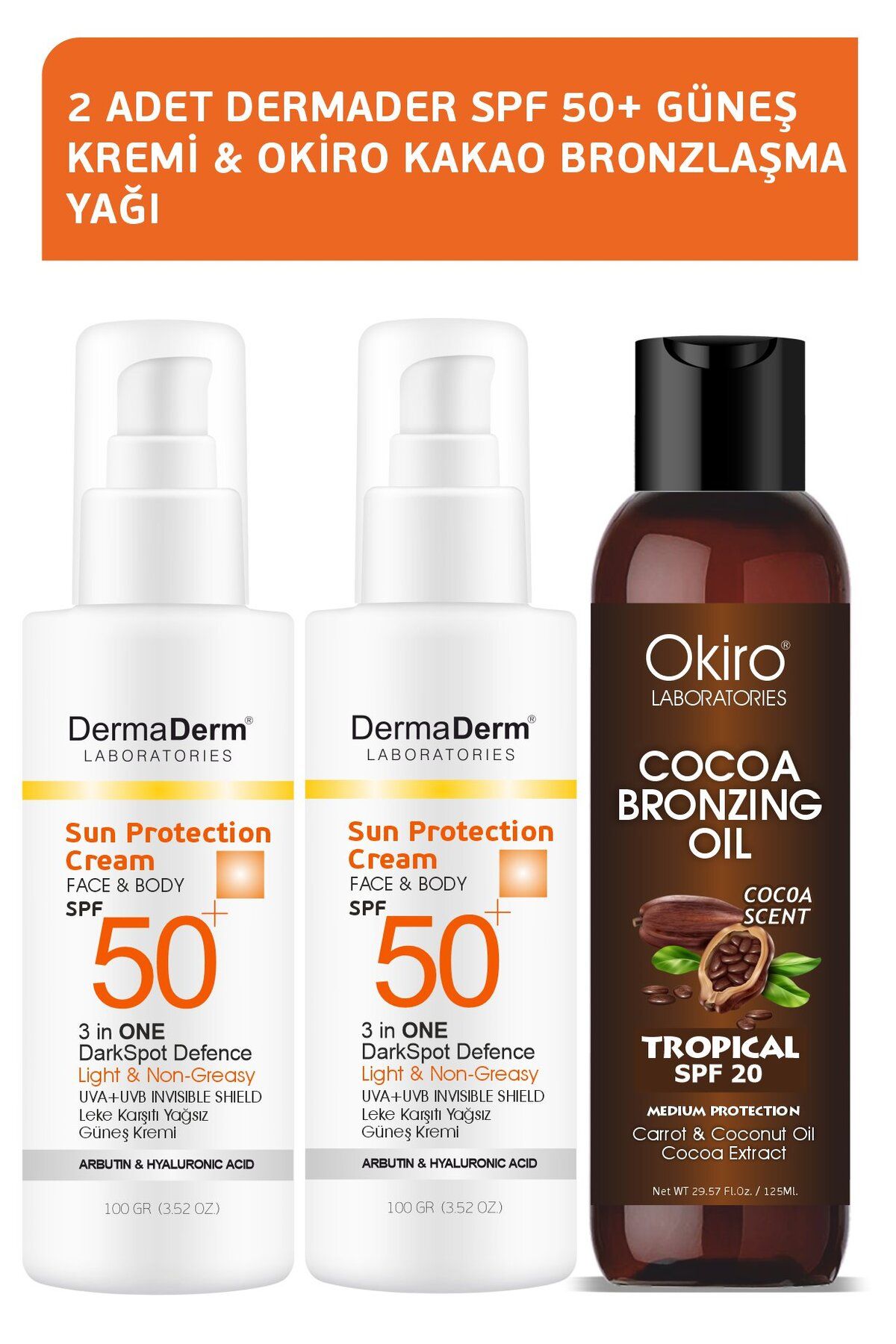 DermaDerm SPF50+ Güneş Kremi 2x100ml. ve Okiro Kakao Yağı Özlü Bronzlaşma Yağı 125ml.