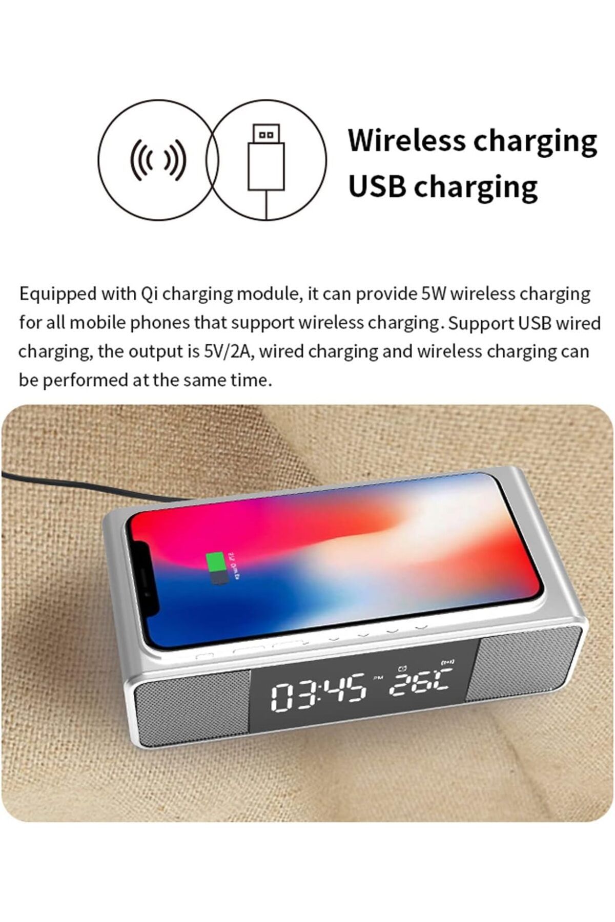 COOYA-Wireless Speaker, Fast Charging Stand, Alarm Clock, Time Temperature Display with USB Output 3