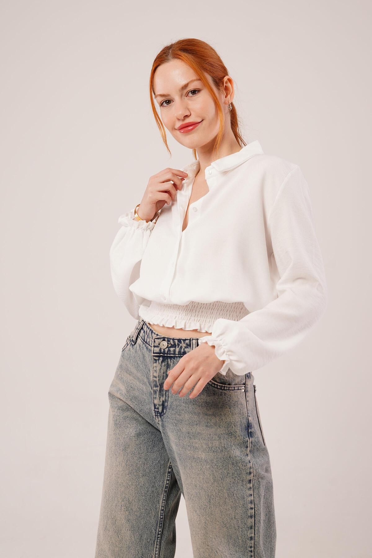 Viyamo-White Blouse with Elastic Waist and Ankle 2