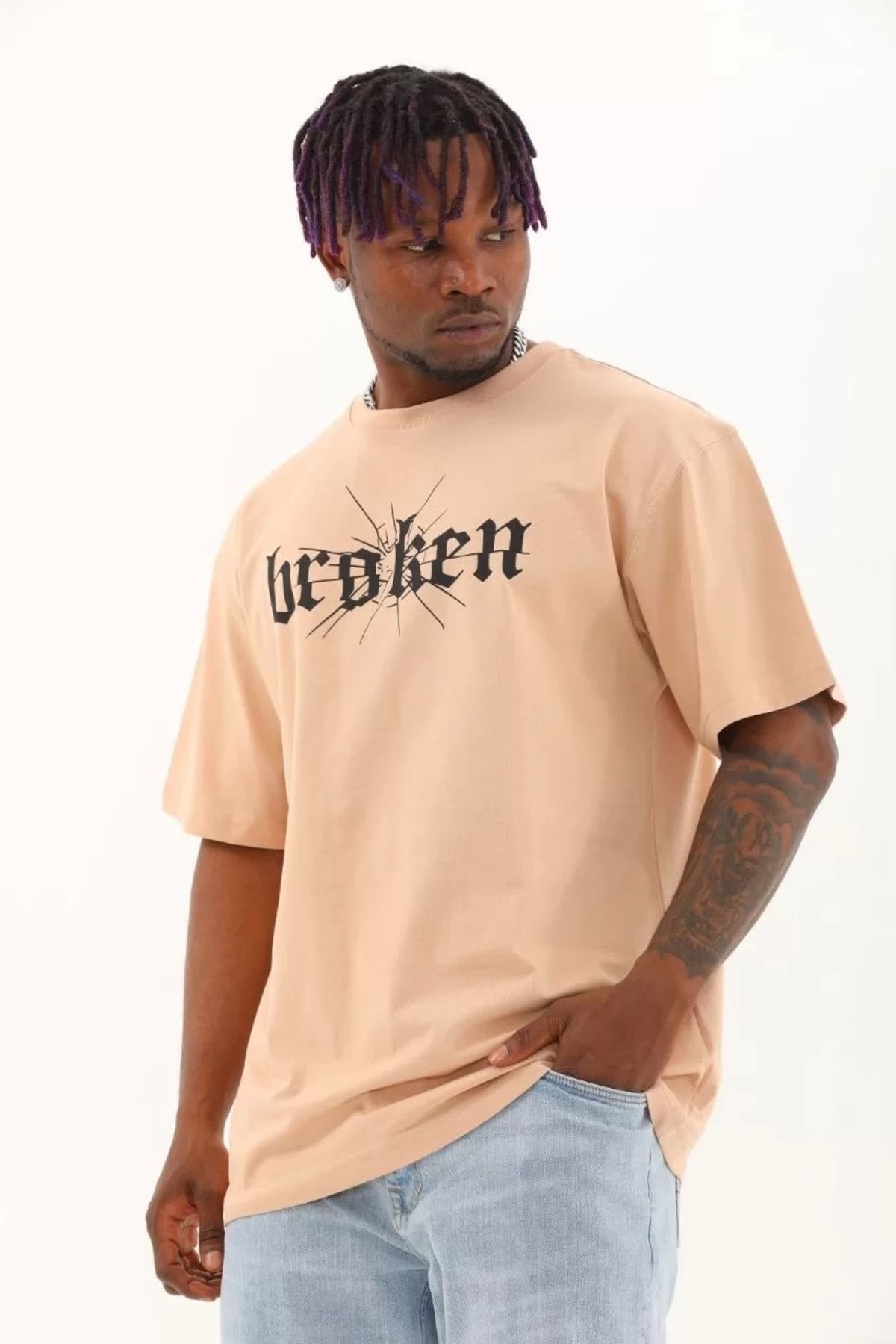 CVS Unisex Oversize Baskılı Bisiklet Yaka T-Shirt - Bej