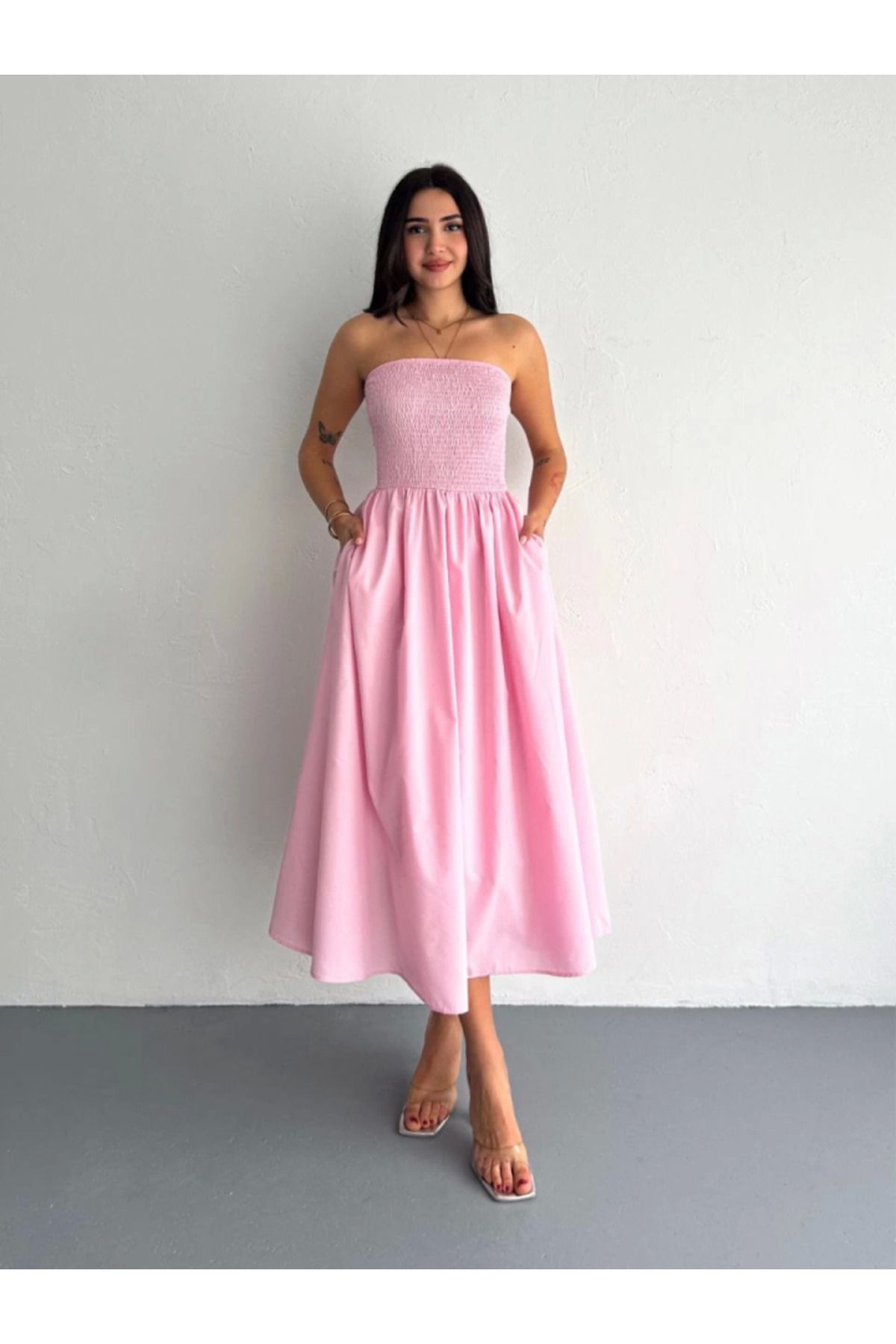 Simala-Pink Strapless Pleated Dress 2