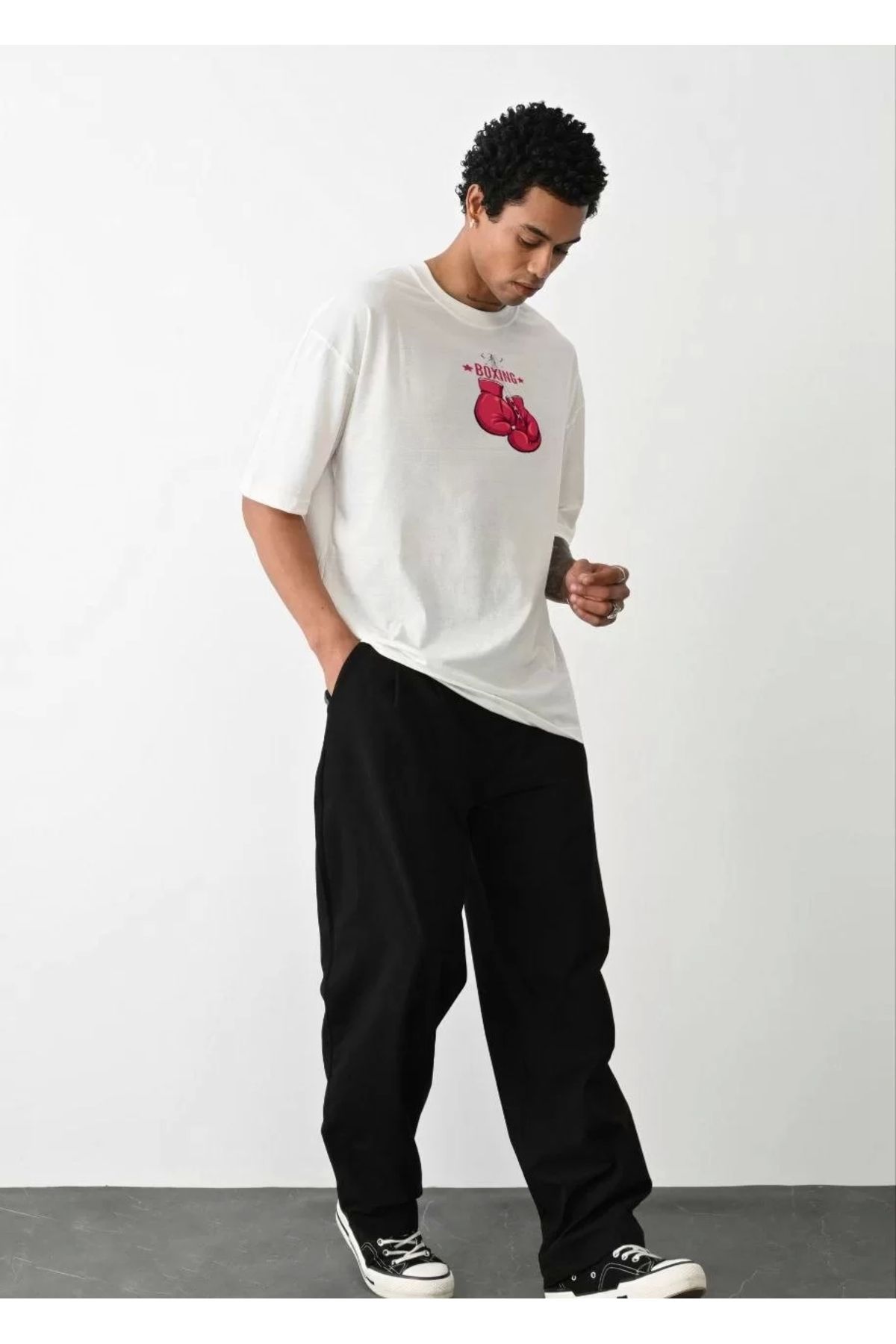 CVS Unisex Bisiklet Yaka Baskılı Oversize T-Shirt - Beyaz