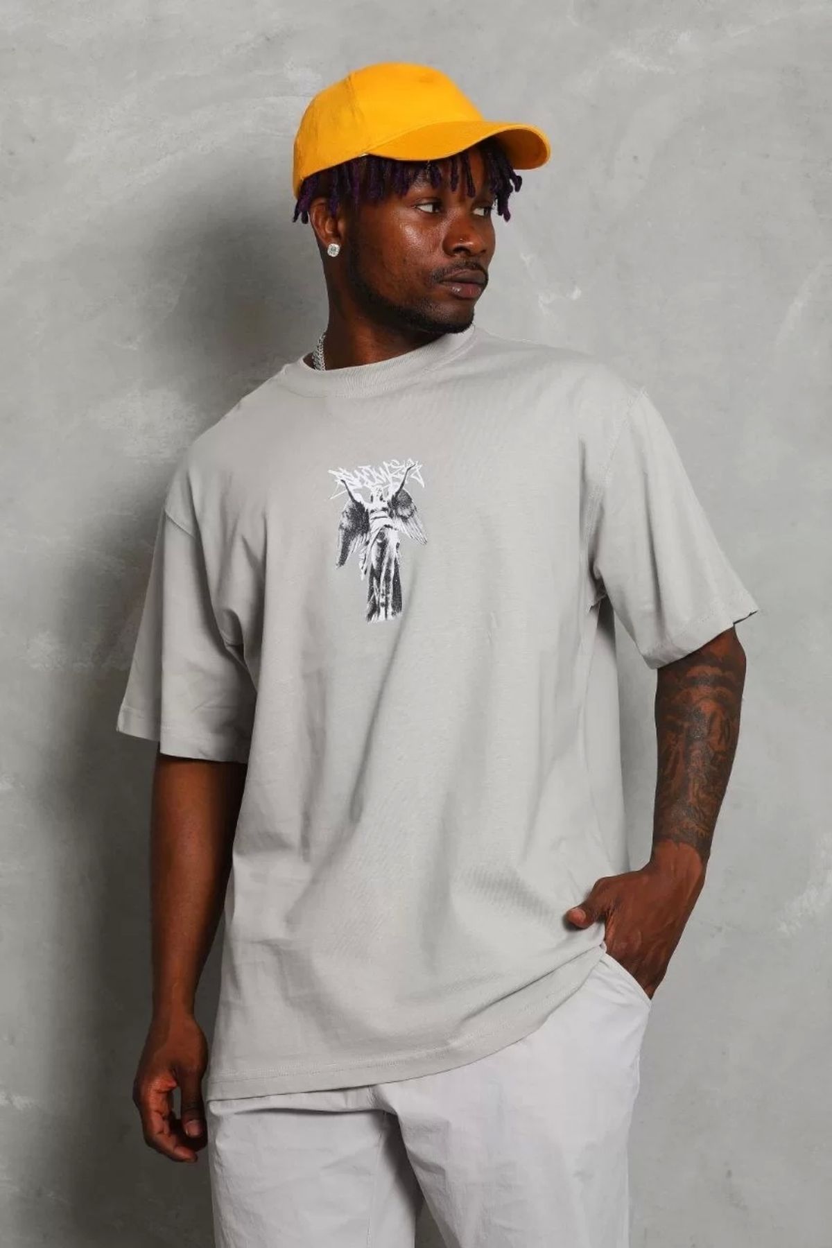CVS Unisex Oversize Baskılı Bisiklet Yaka T-Shirt - Gri