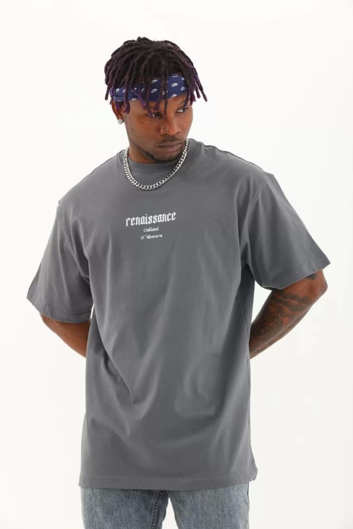 CVS Unisex Oversize Baskılı Bisiklet Yaka T-Shirt - Füme