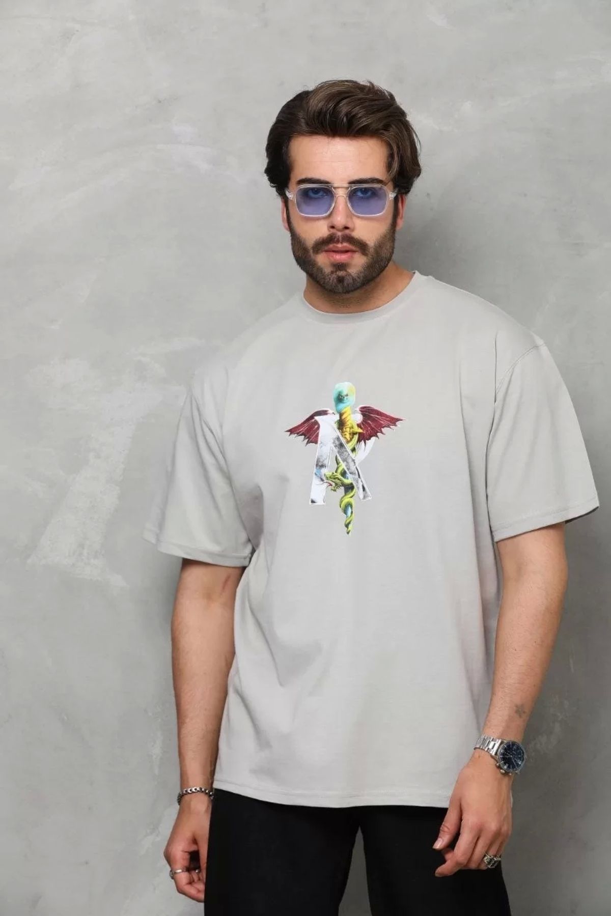 CVS Unisex Bisiklet Yaka Baskılı Oversize T-Shirt - Gri