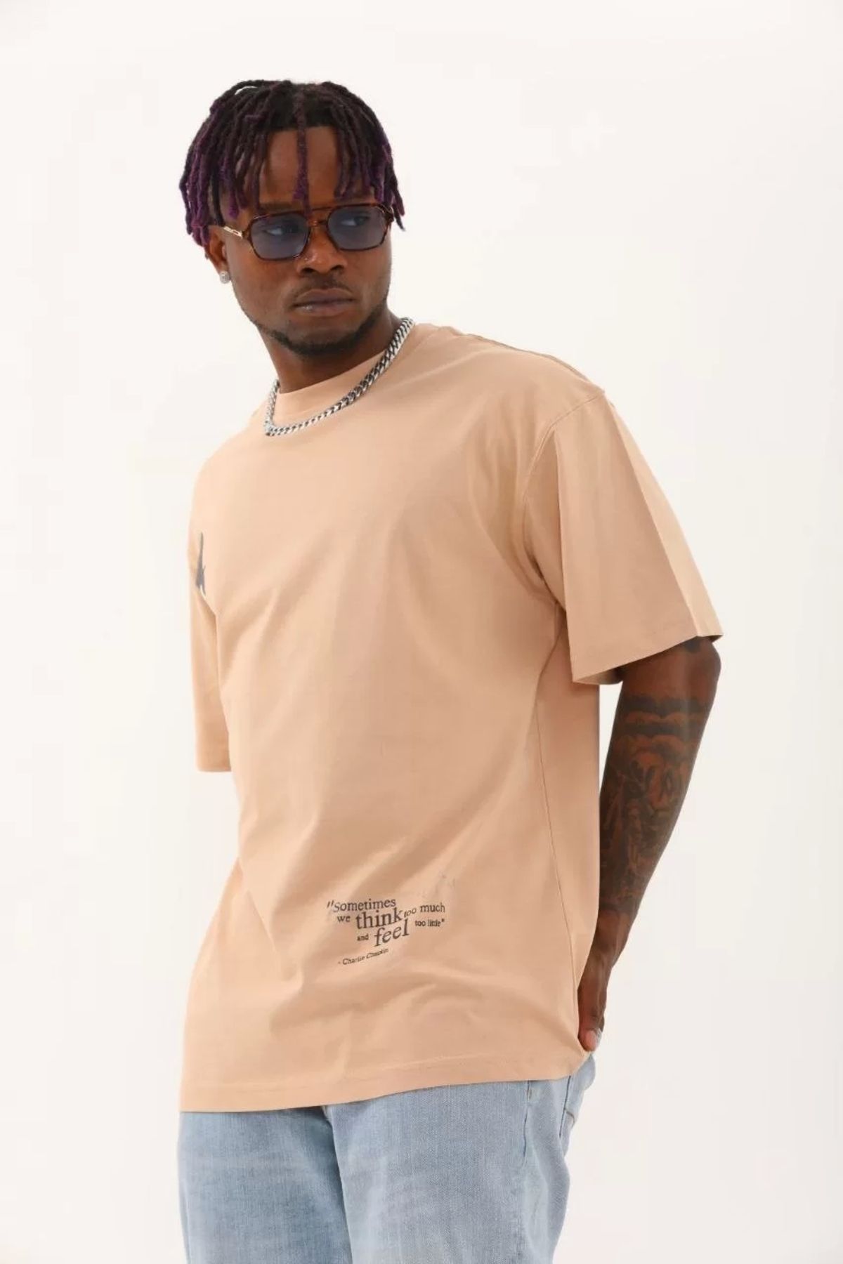 CVS Unisex Oversize Baskılı Bisiklet Yaka T-Shirt - Bej