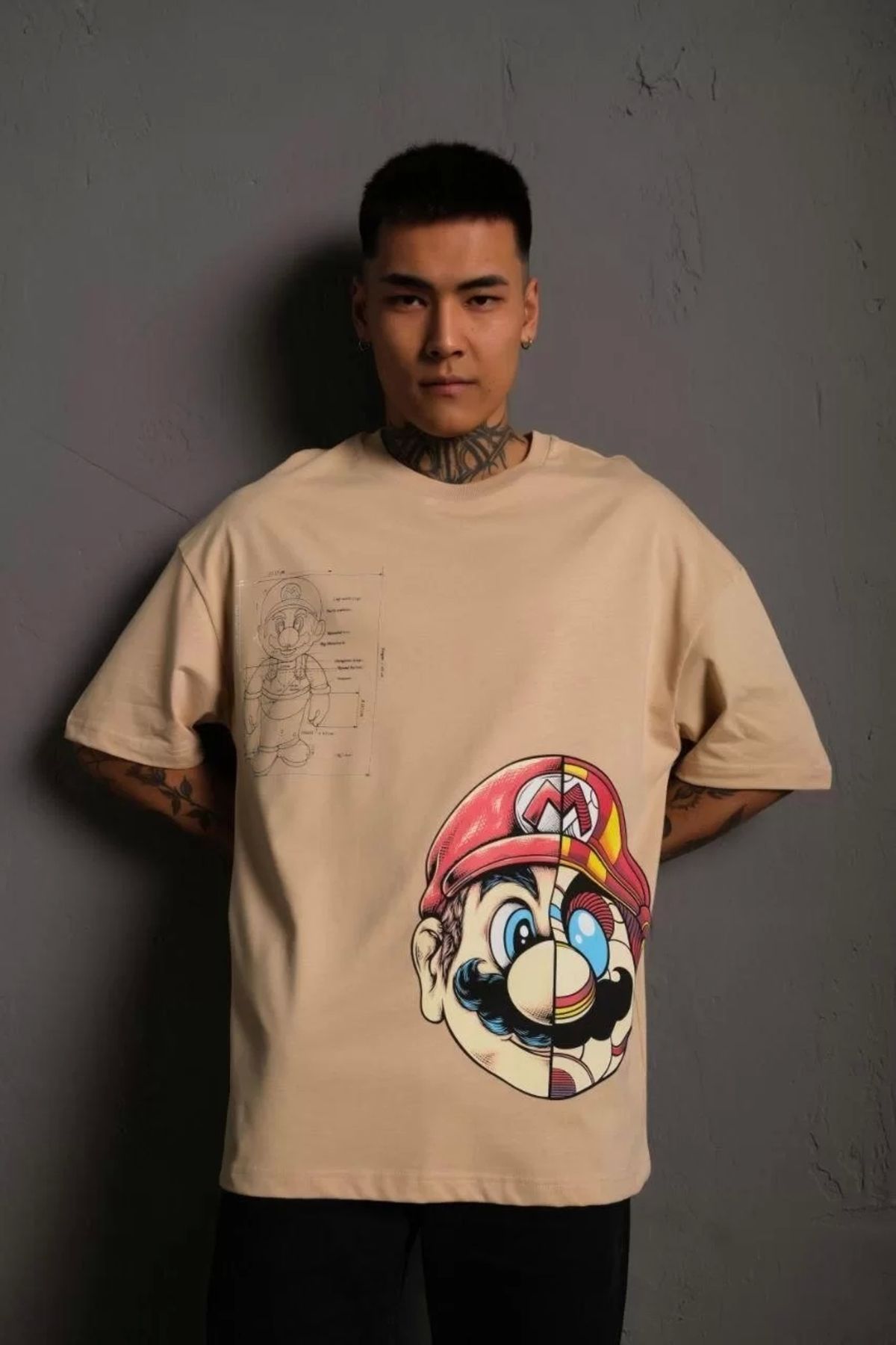 CVS Erkek Mario Baskılı Oversize T-Shirt - Bej