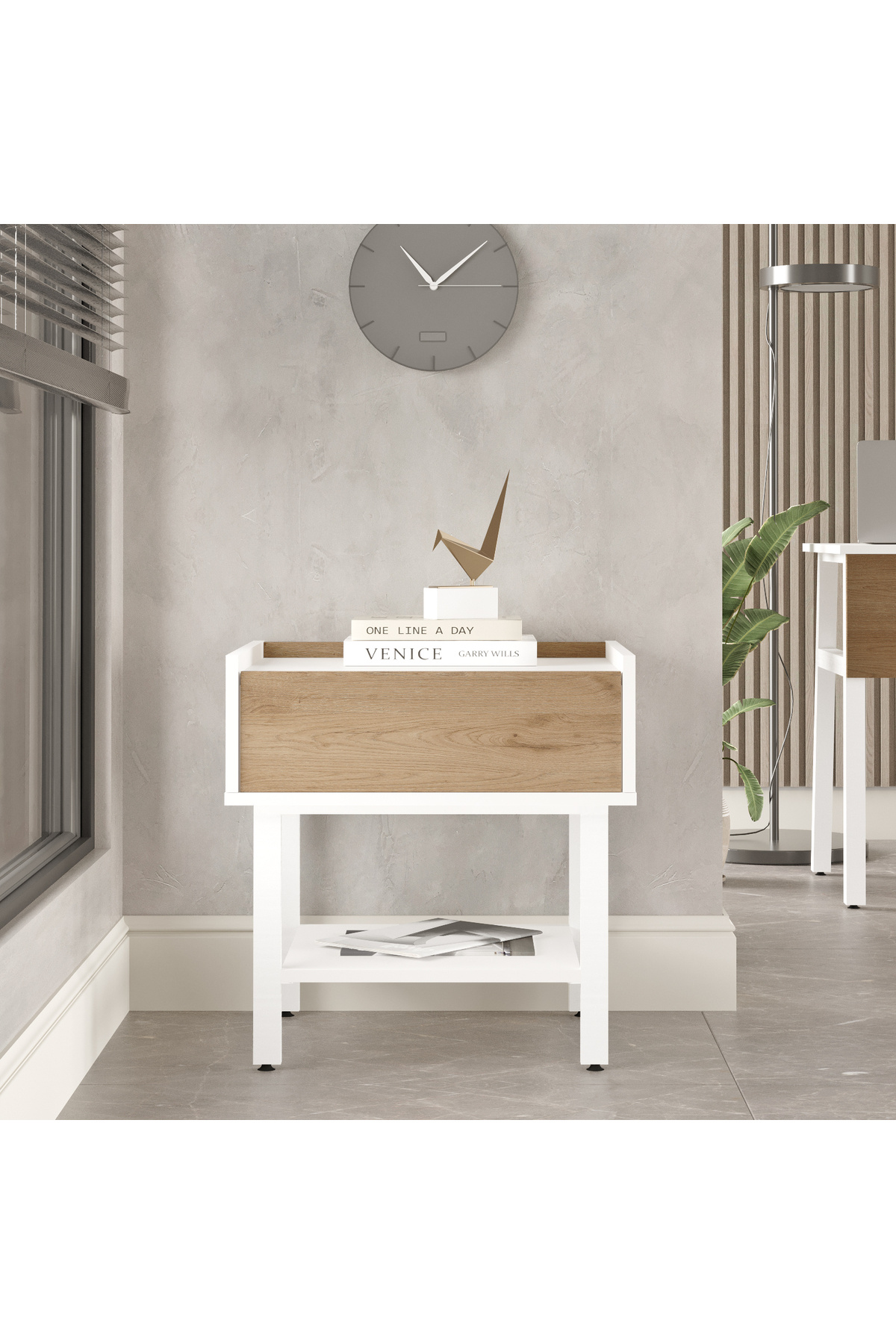 Robin Home Oslo Komodin Ofis Keson Çekmeceli Beyaz Metal Ayaklı Sepet-Beyaz