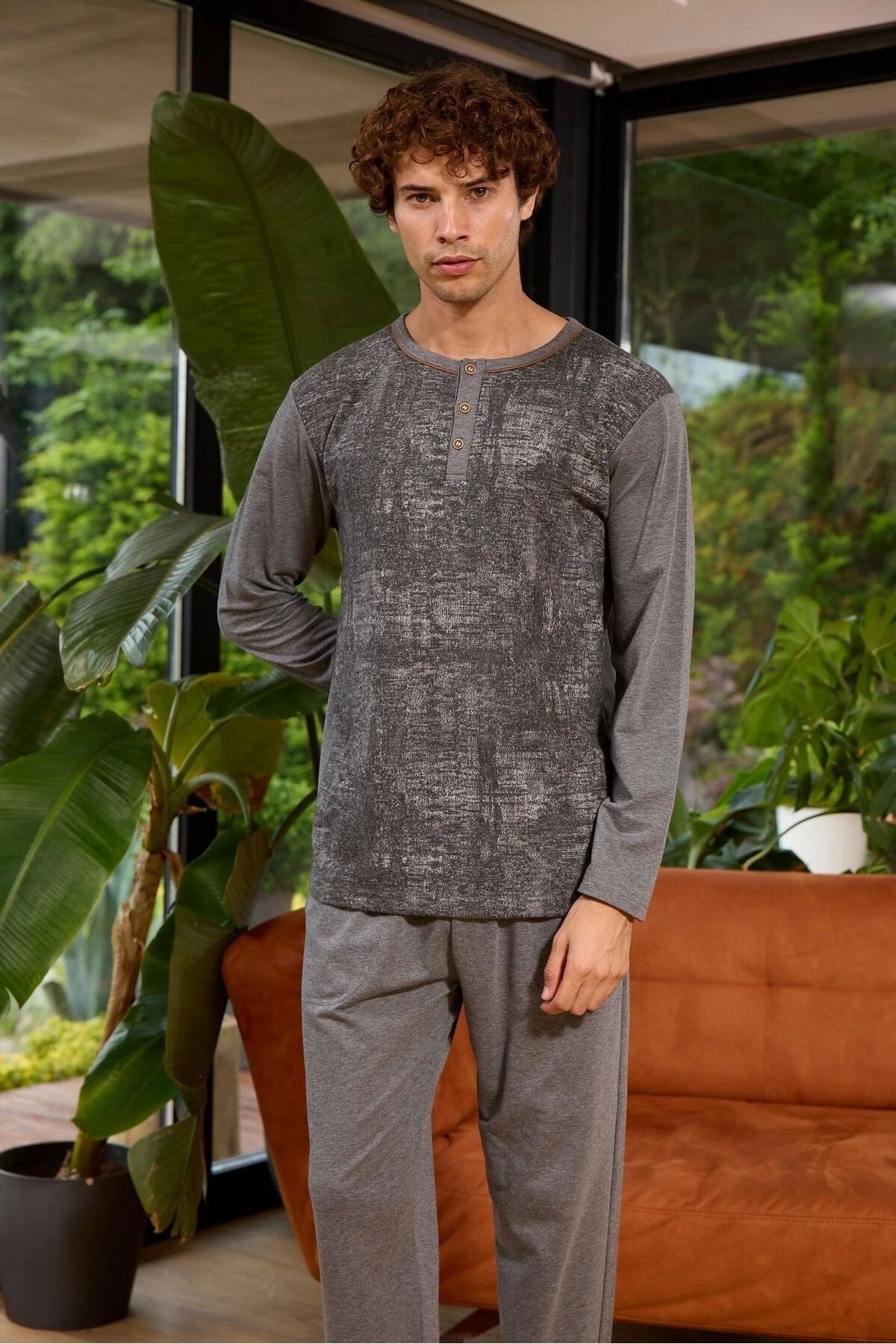 FTT SHOPPING MARKET Kocabey 8053 Erkek Midi Yaka Uzun Kollu Pijama Takımı