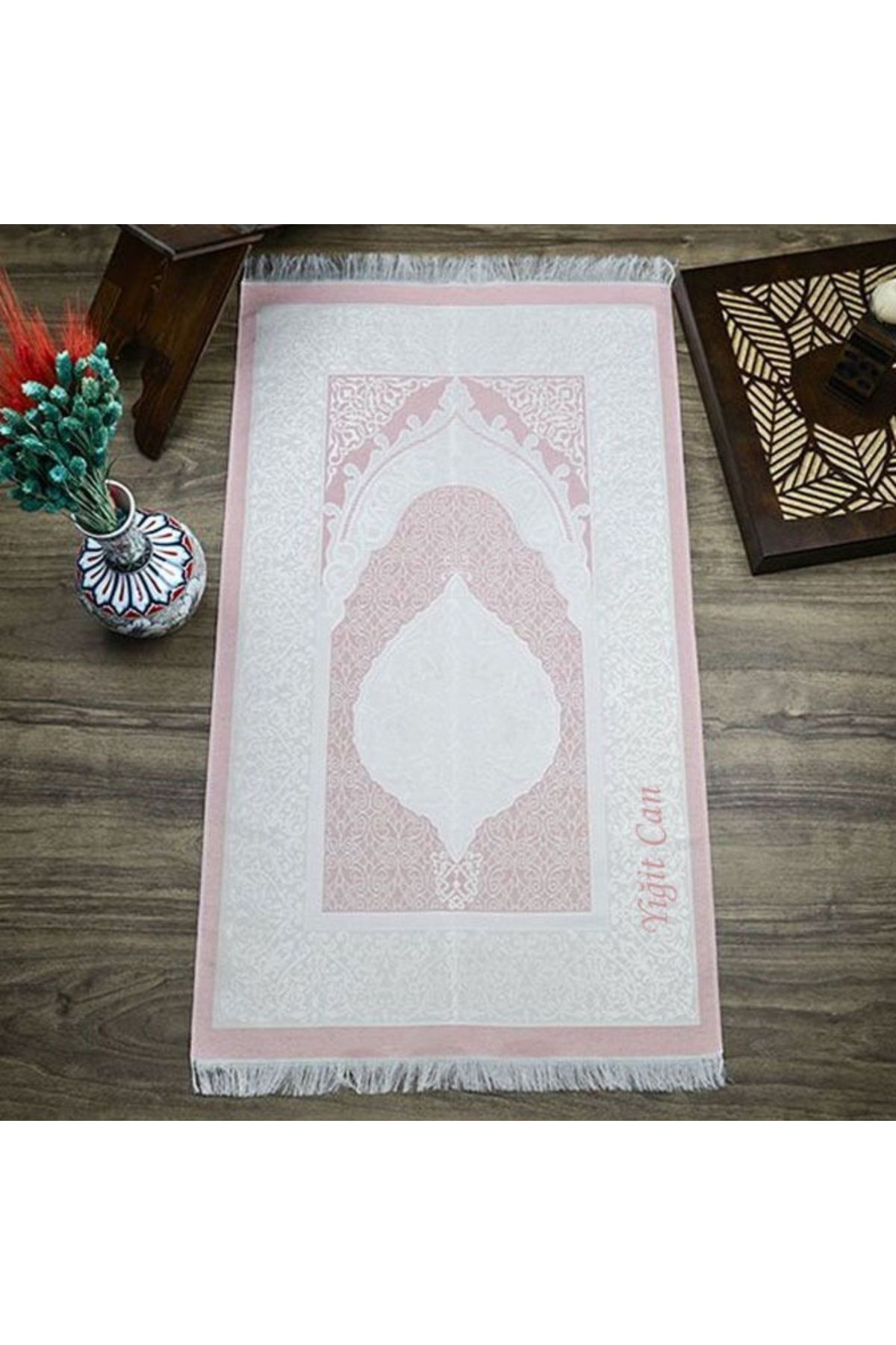 Asyabayrak Vă Ne Brodem Numele Pe Covorul De Rugăciune, Cadou Personalizat Cu Nume De Mătase Nur Tafta Covor De Rugăciune Baby Pink - 110 x 66