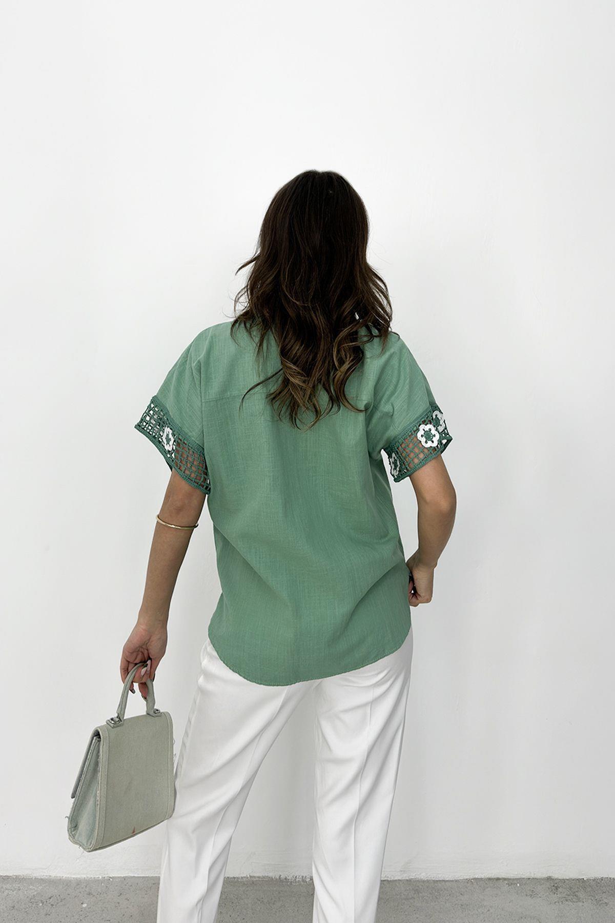 RB CLUB  Kadın Çiçek Dantel İşleme Detaylı Keten Gömlek - Görsel 7