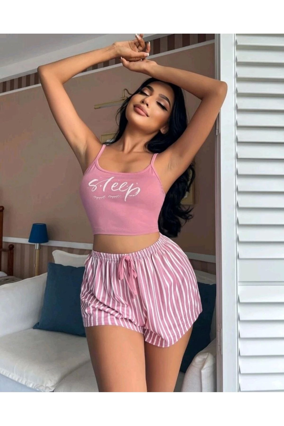 FTT SHOPPING MARKET Kadın Pembe Çizgili Desen Askılı Şortlu Pijama Takım