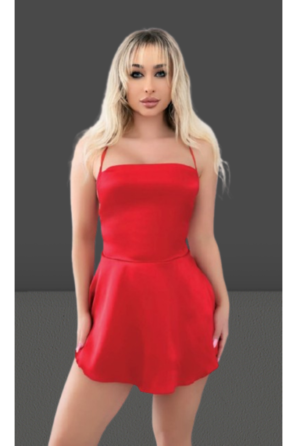 Cooqpoo Kırmızı S-M-L-XL Beden Düz Zarif Sırtı İpli İnce Askılı Saten Gecelik