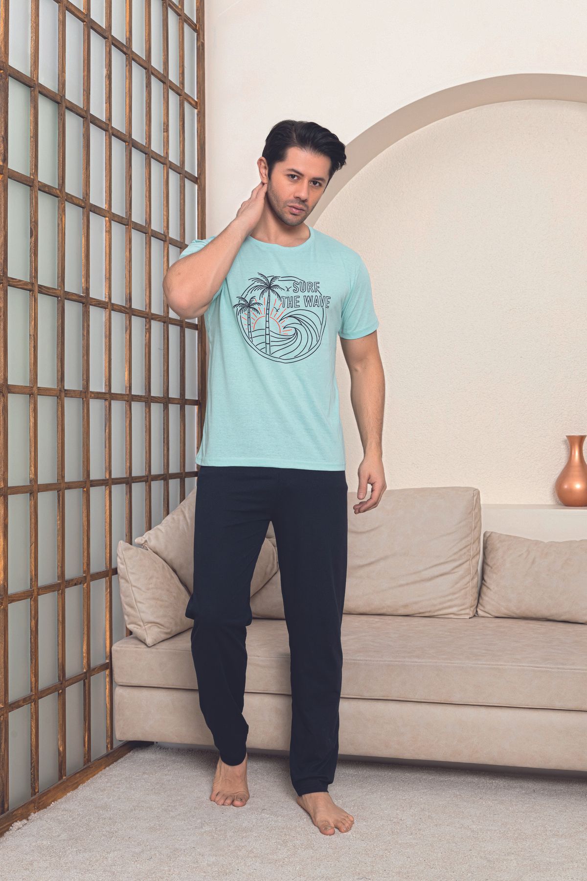 Ayans Pijama-Set de pijamale pentru bărbați din bumbac pieptănat din jerseu simplu (vară). 1