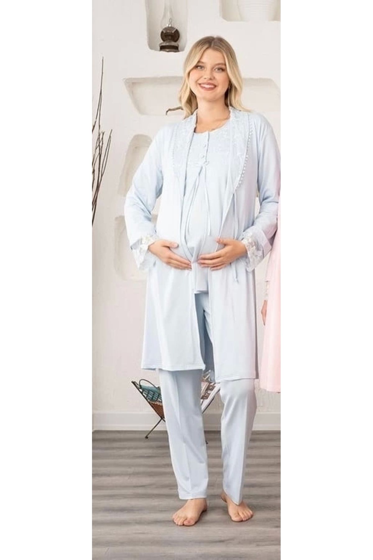 FTT SHOPPING MARKET Bone 5905 Kadın Lohusa Viskon Klasik 3'lü Pijama Takımı