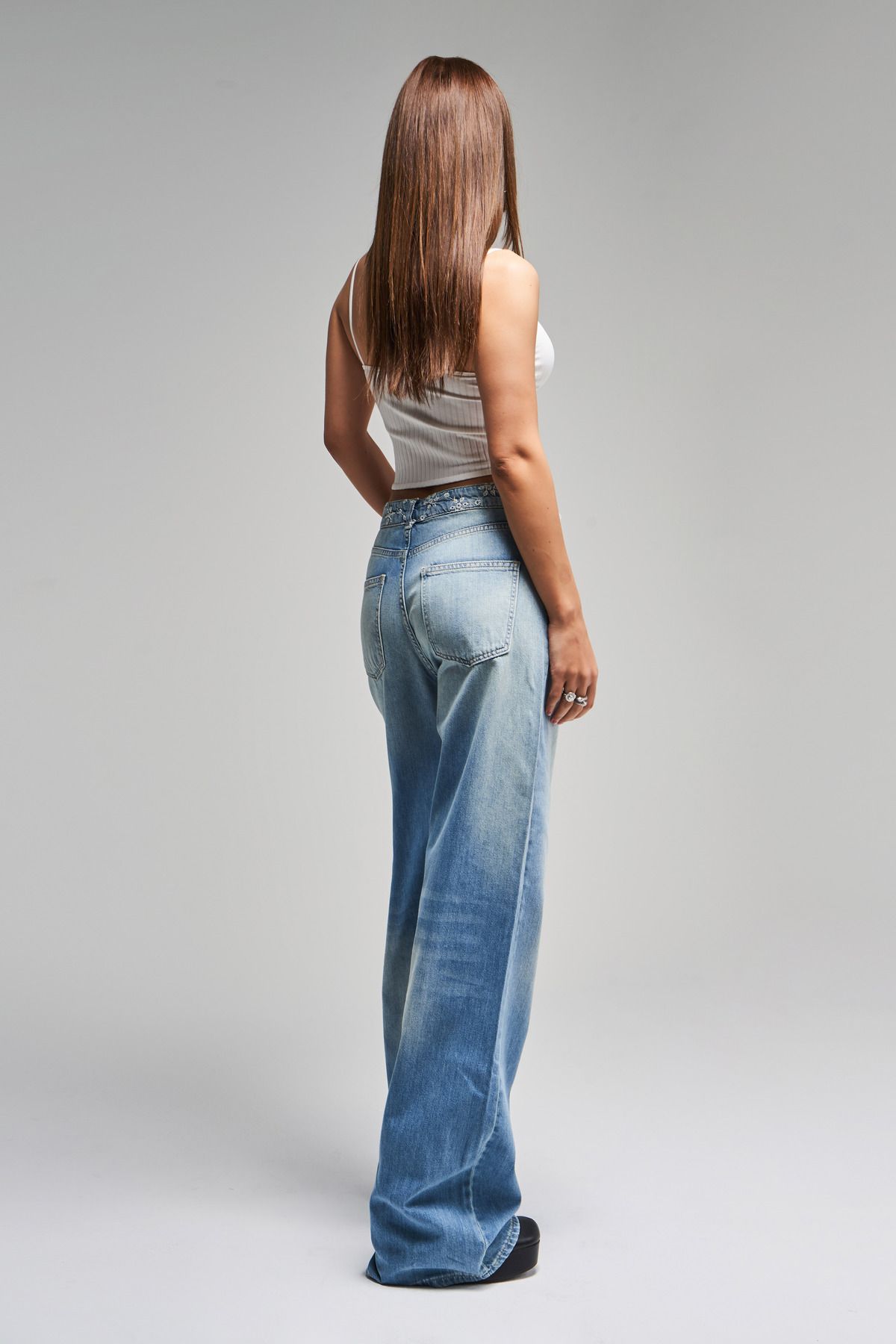 its basic-Curea Yfefen lată Midrise pentru femei, 100% bumbac, blugi din denim cu broderie de flori 4