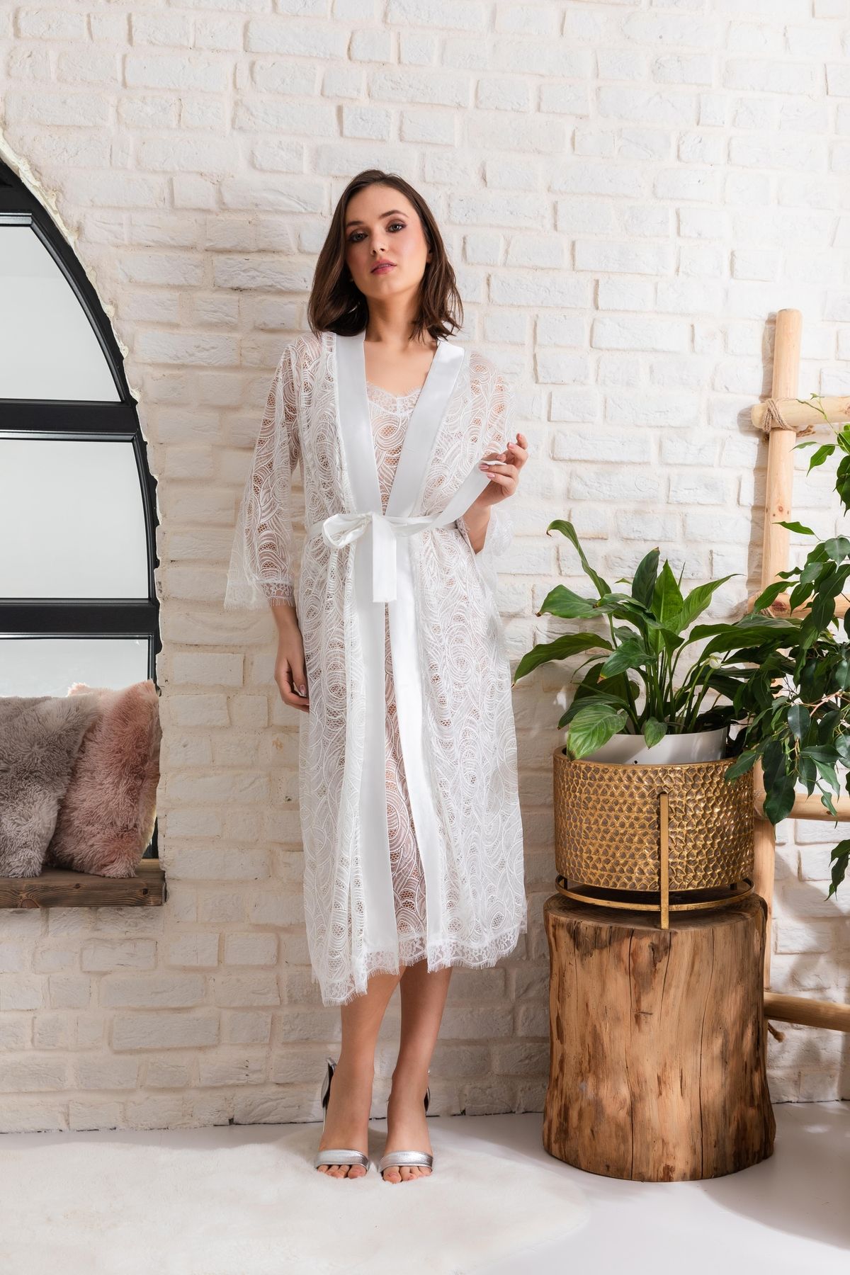 FTT SHOPPING MARKET Gelin Set Transparan Midi Boy Kuşaklı Sabahlık Ekru (mgp12176)