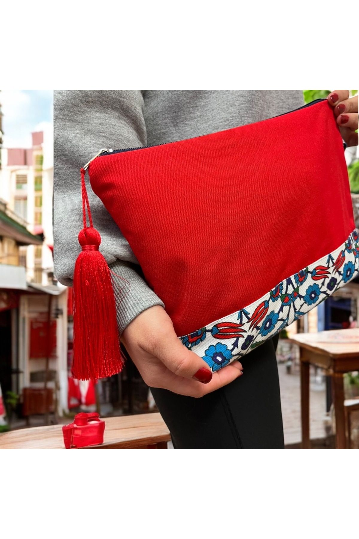 Atölye No 35-Kulturtasche Damen, Kosmetiktasche Rot, Etnisches Muster, 32x24 Cm 3