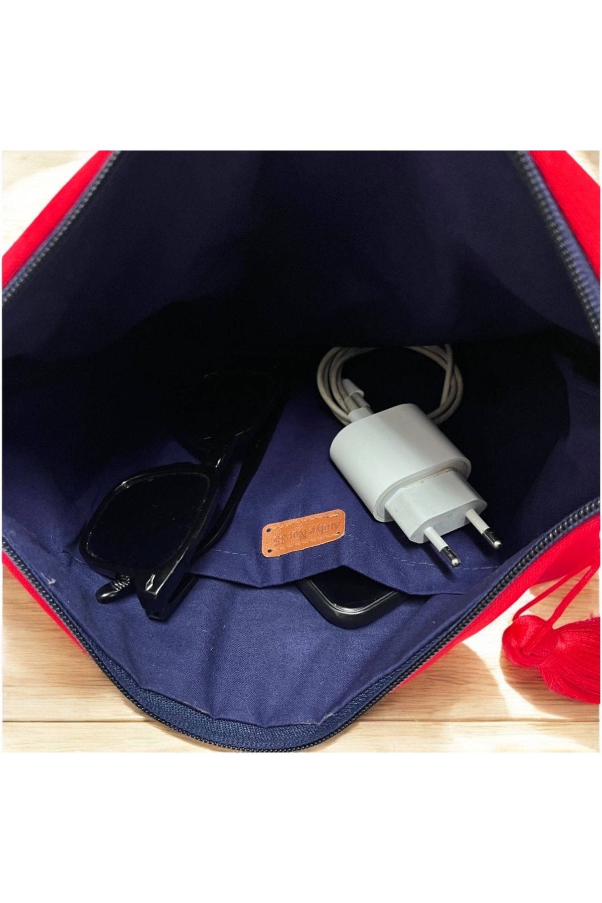 Atölye No 35-Kulturtasche Damen, Kosmetiktasche Rot, Etnisches Muster, 32x24 Cm 5