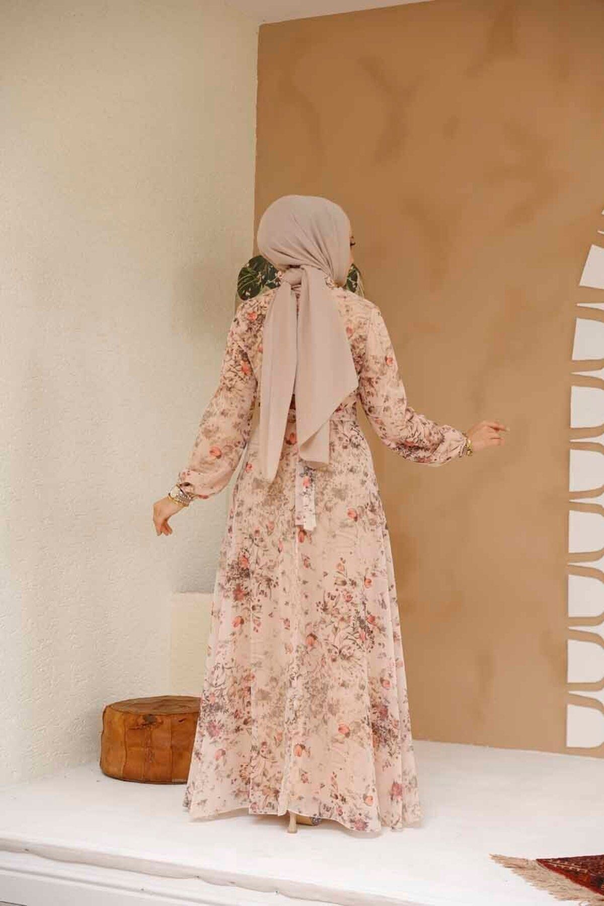 Neva Style-Floral Patterned Salmon Hijab Dress 27966Smn 4