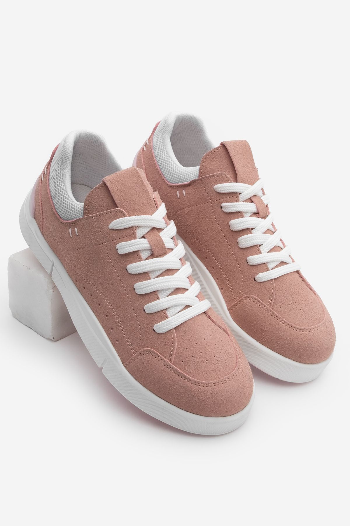 Marjin Kadın Sneaker Bağcıklı Spor Ayakkabı Tefze Pembe Süet