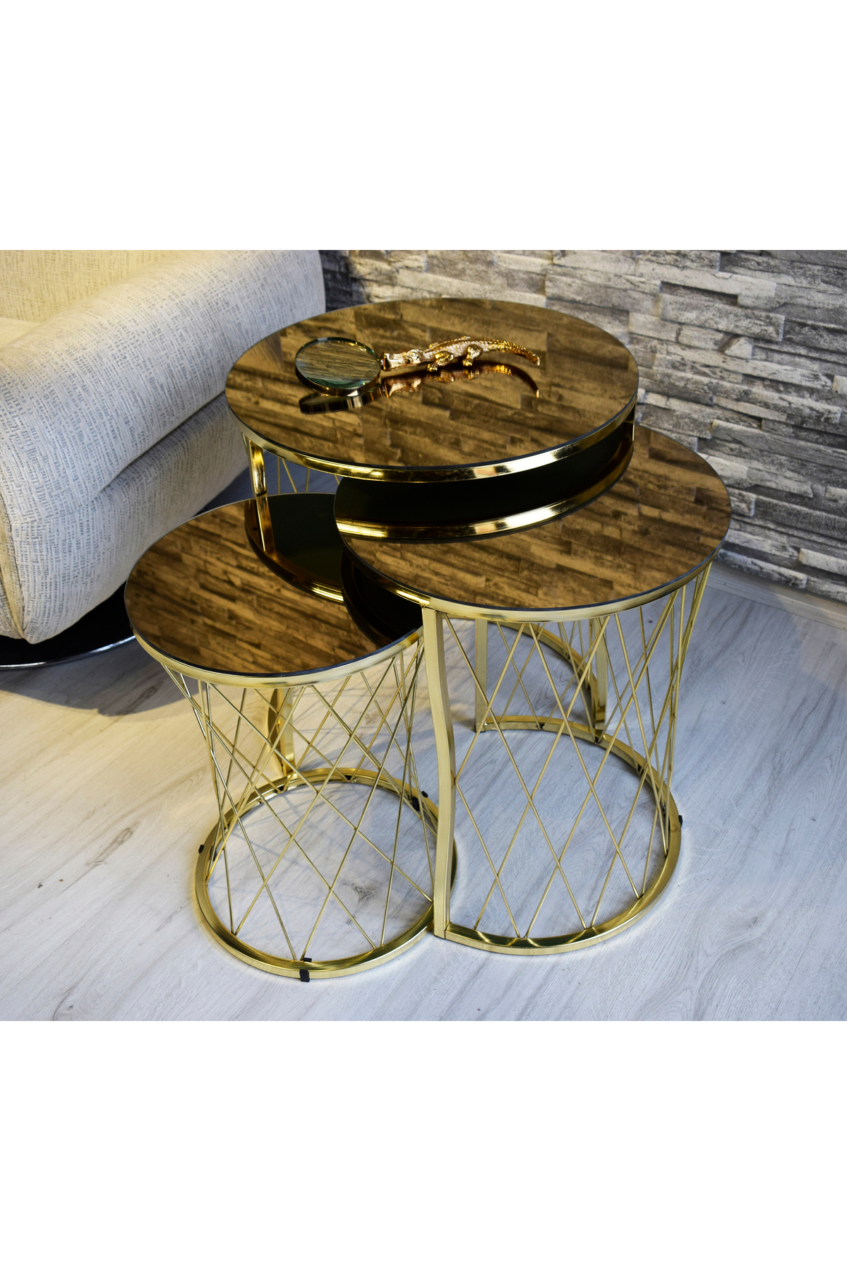 Hasır 3lü Zigon Sehpa Gold Renk Metal Ayak, Bronz Ayna sedaş-lüx-sehpa