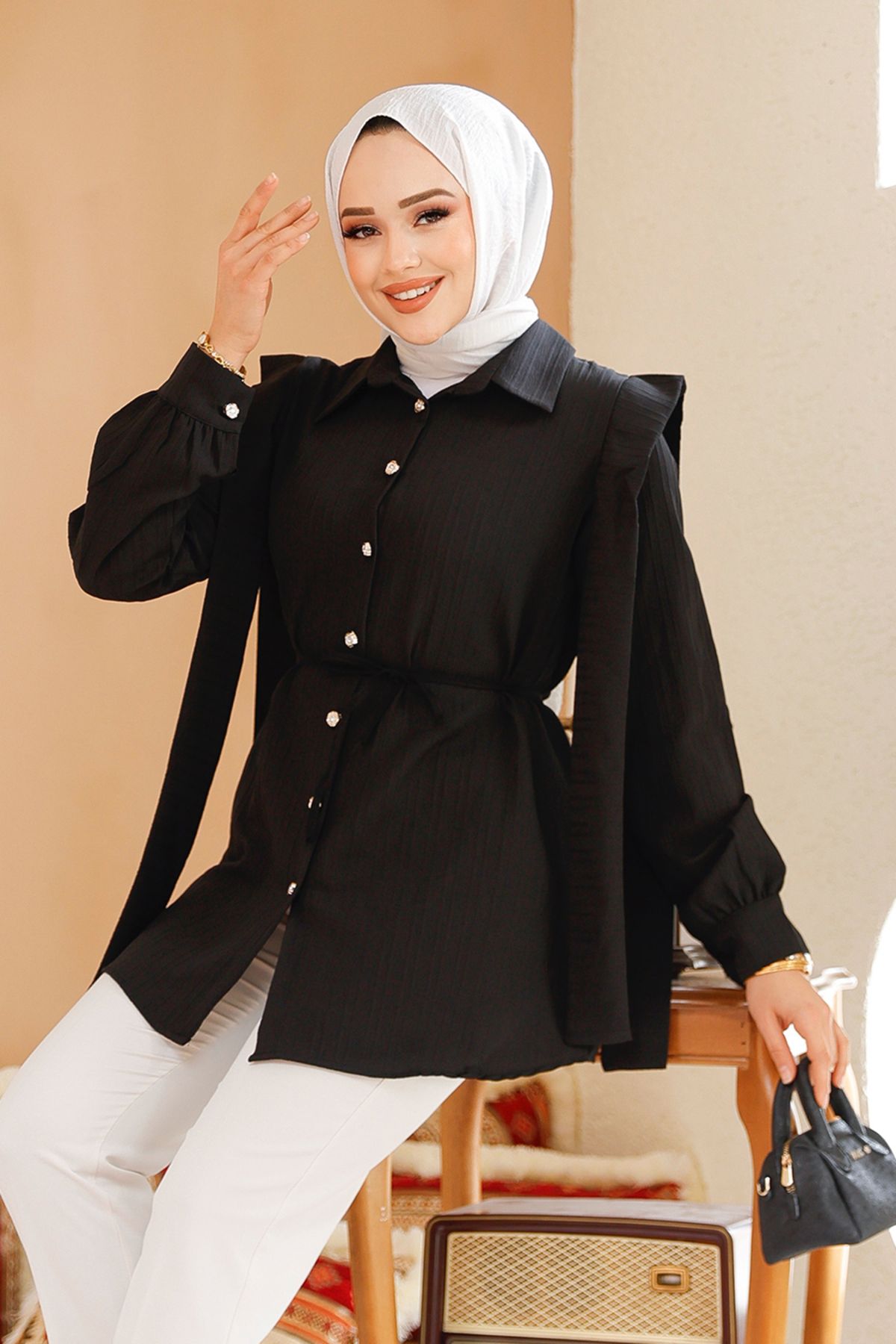 Neva Style-Tunica neagra hijab cu detaliu brâu pe umeri 10131S 3