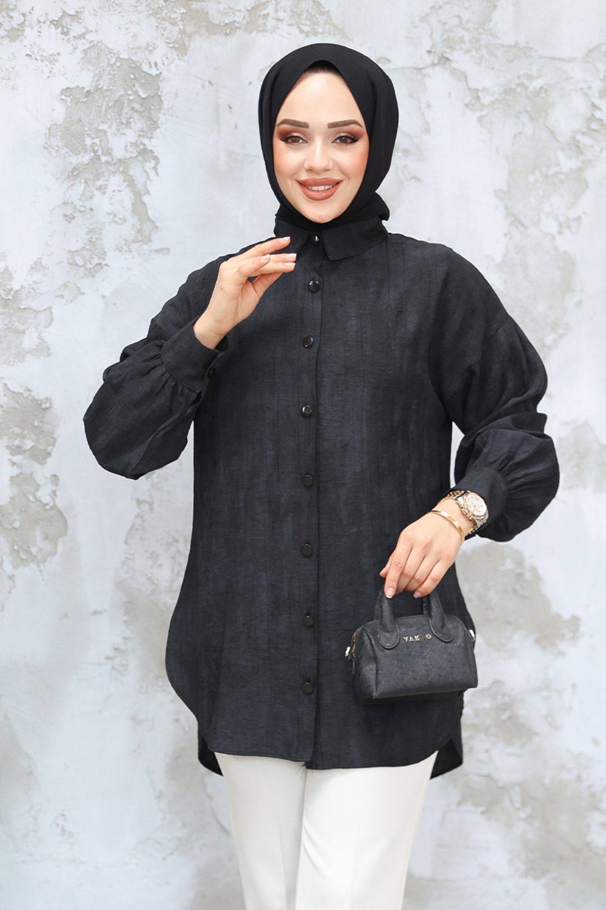Neva Style-تونيك حجاب أسود - بأزرار 10113S 3