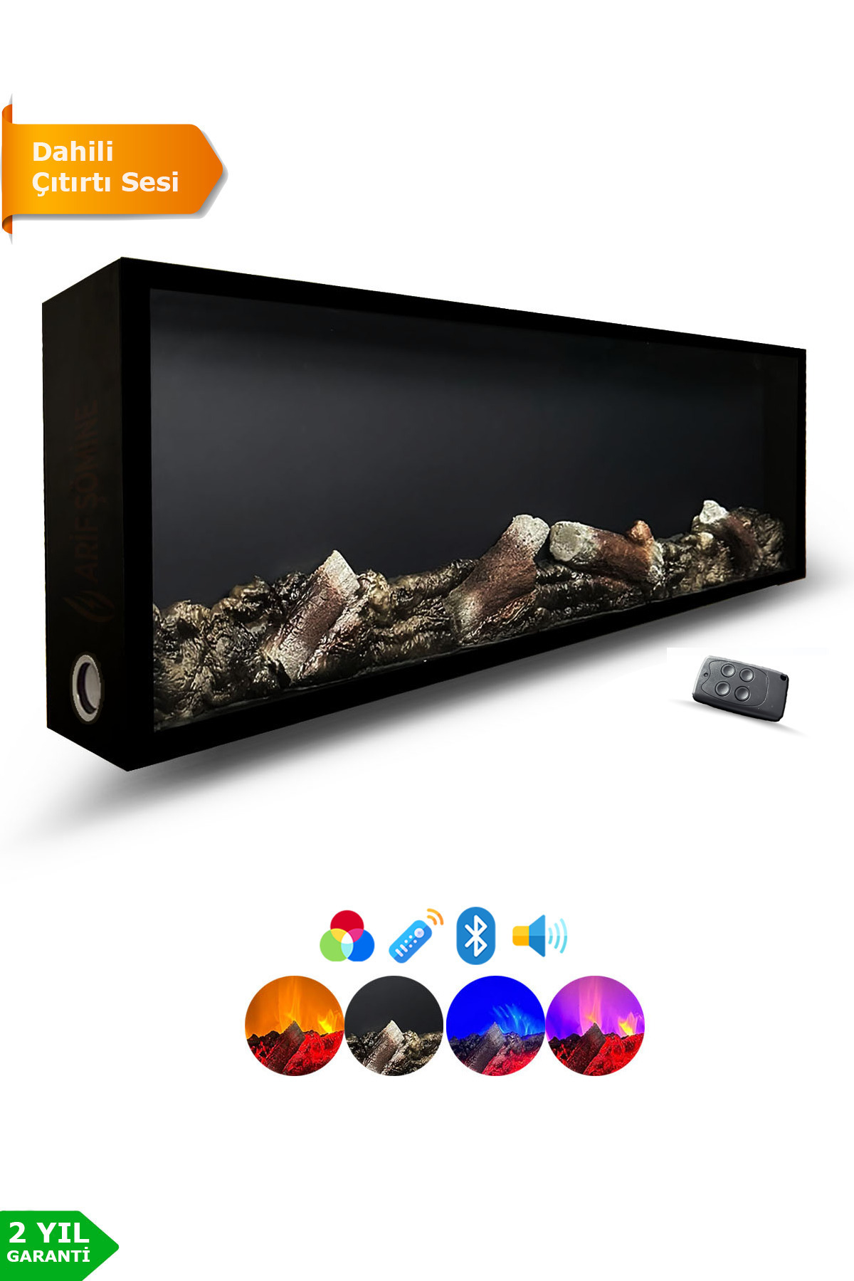 ARİF Dekoratif Elektrikli Yapay Şömine - 80x25x15 Cm - Farklı Renk Modları, Kumanda, Bluetooth Hoparlör