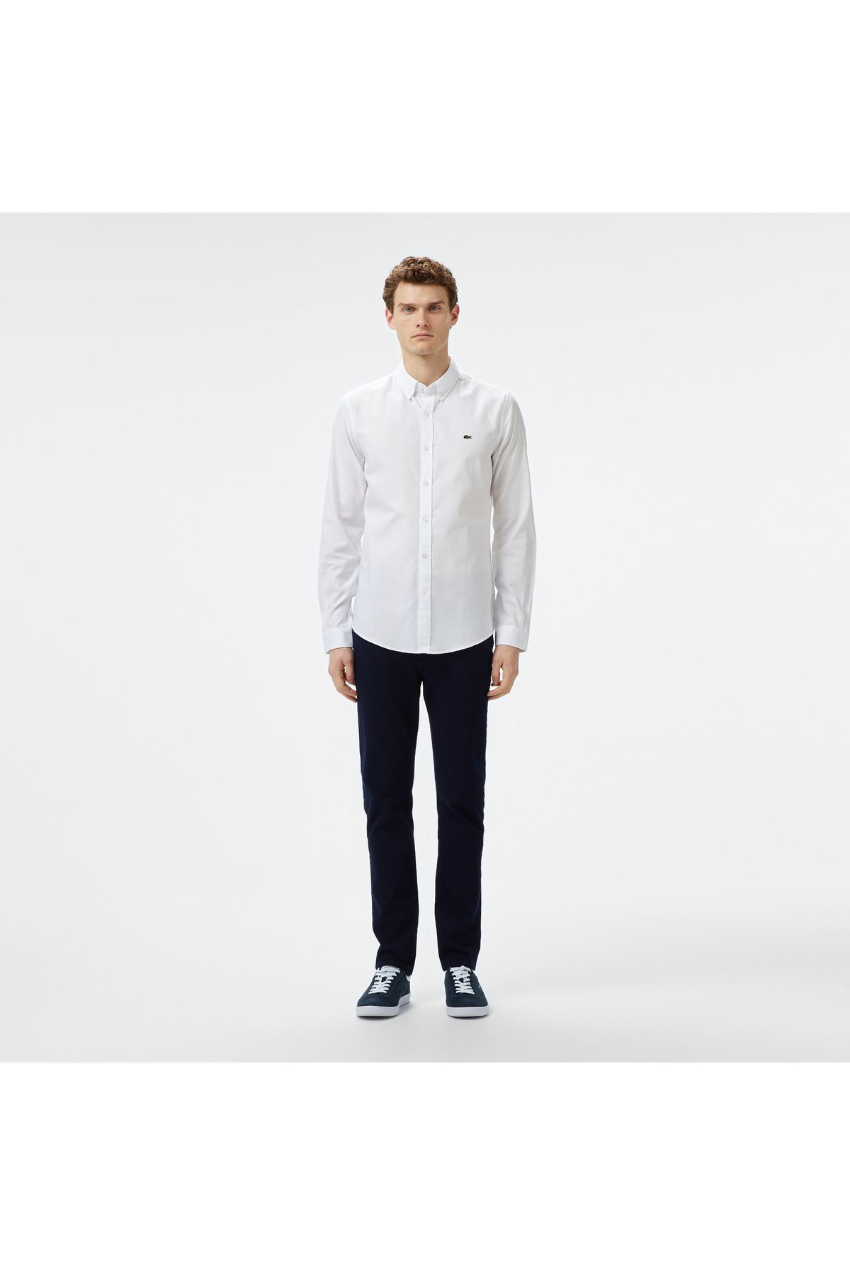 پیراهن / بلوز دکمه دار سفید مردانه باریک اورجینال Lacoste