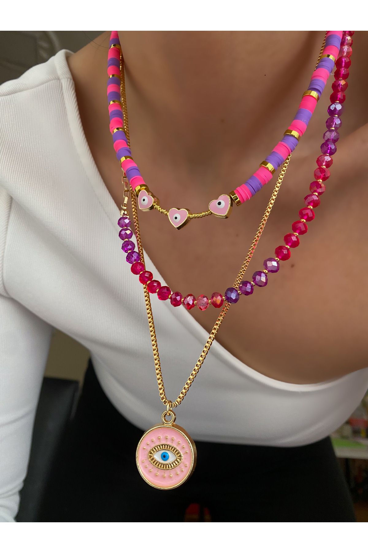 Lucky Designs Gold Yazlık Renkli Seramik Figür Detay Üçlü Set Kolye/ Kadın Çoklu Set Kolye