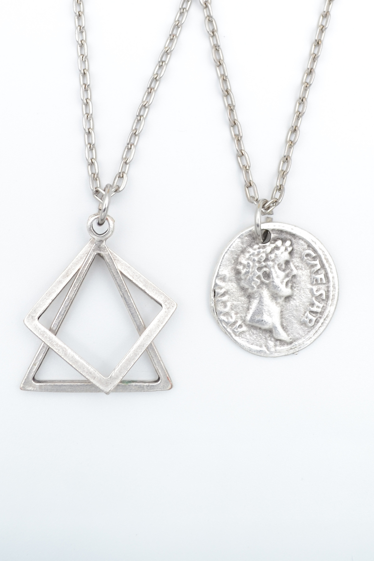 2 Pieces Caesar Coin -Triangle Square Geometric Silver Plated Necklace Set