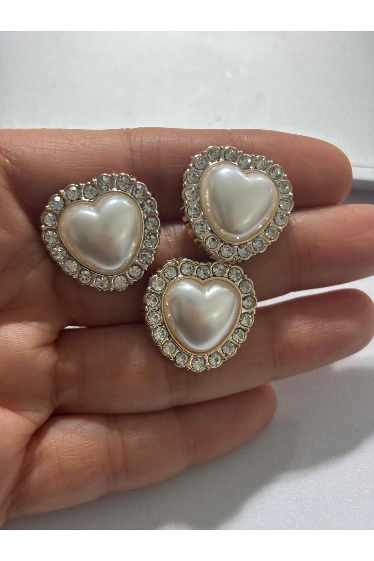 BEİLYS COSMETİCS & ACCESSORY 3 lü Gold Yansımalı Taş Kaplama İnci Kalp Düğme Özel Tasarım Düğme  2,5cm.(BD16)