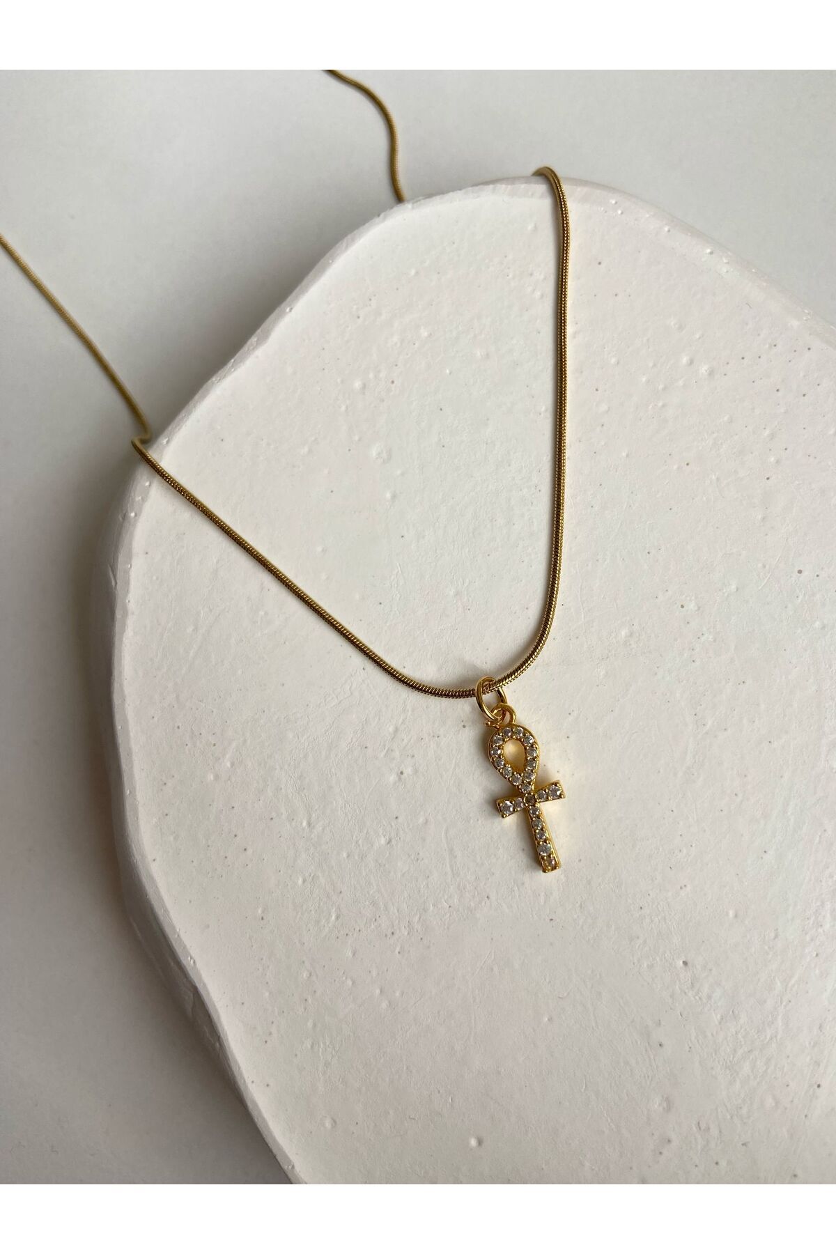 Taşlı Ank Charm Yılan Zincir 45 Cm Altın Kaplama Gold Kadın Kolye – Sevgililer Günü Özel - Detay Görseli 1