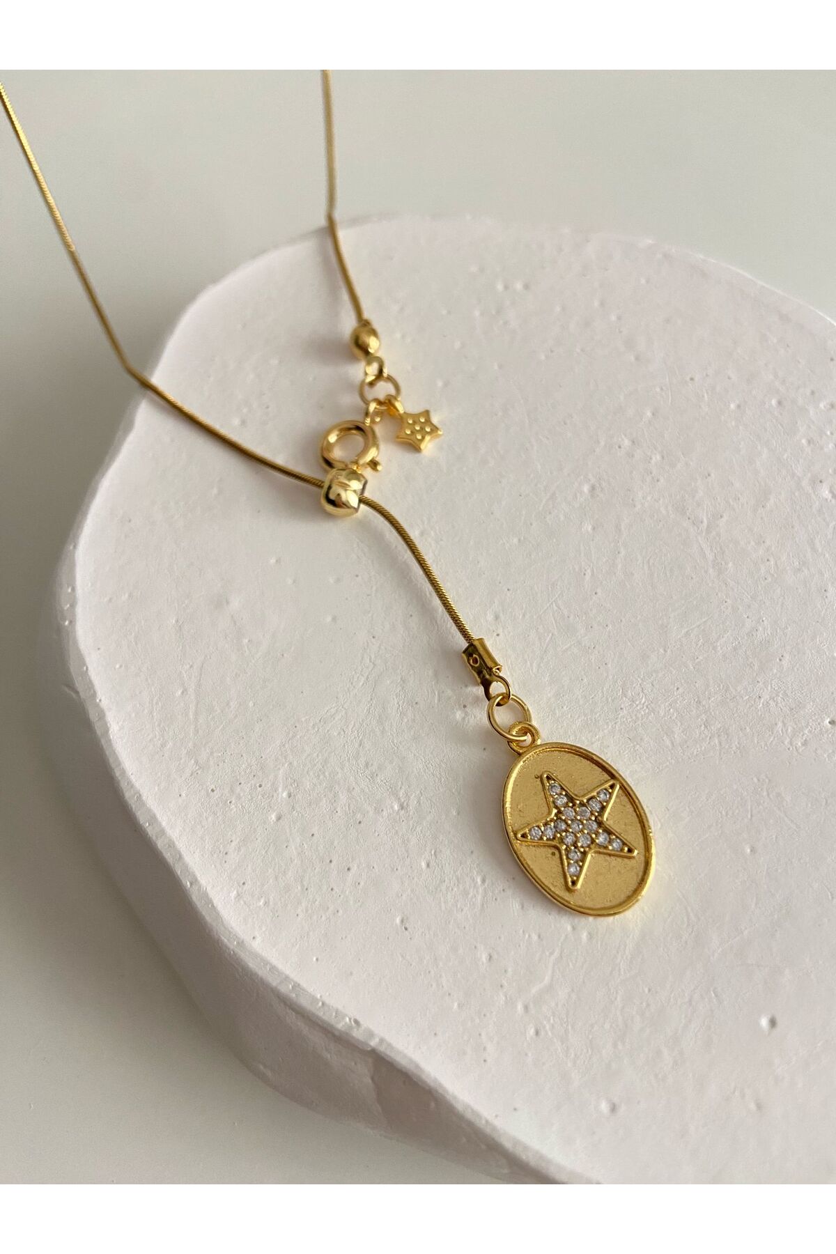 Taşlı Yıldız Plaka ve Mini Yıldız Charm Altın Kaplama Gold Asansör Kolye (45 cm)Sevgililer Günü Özel