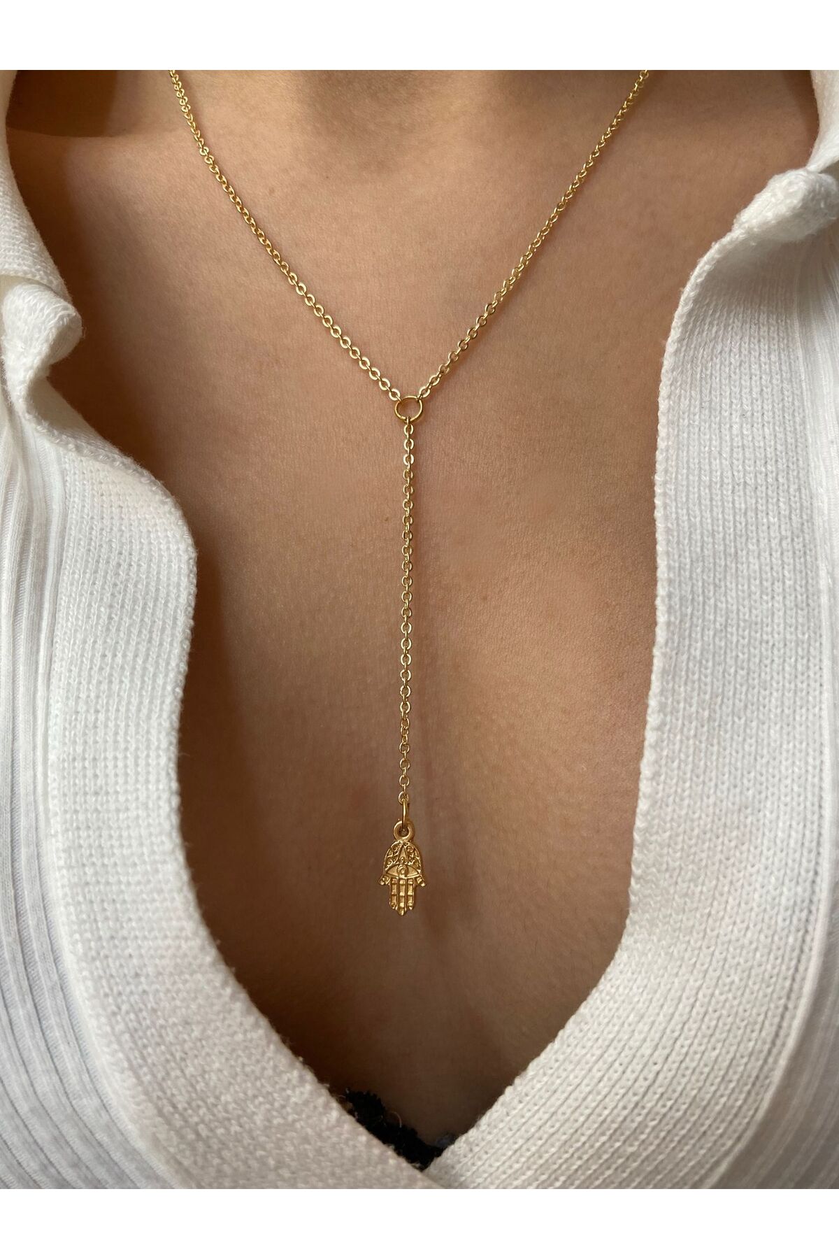 Lacivert ve Gold Cift Taraflı Charm Altın Kaplama Dekolte Y Gold Kolye - Detay Görseli 2