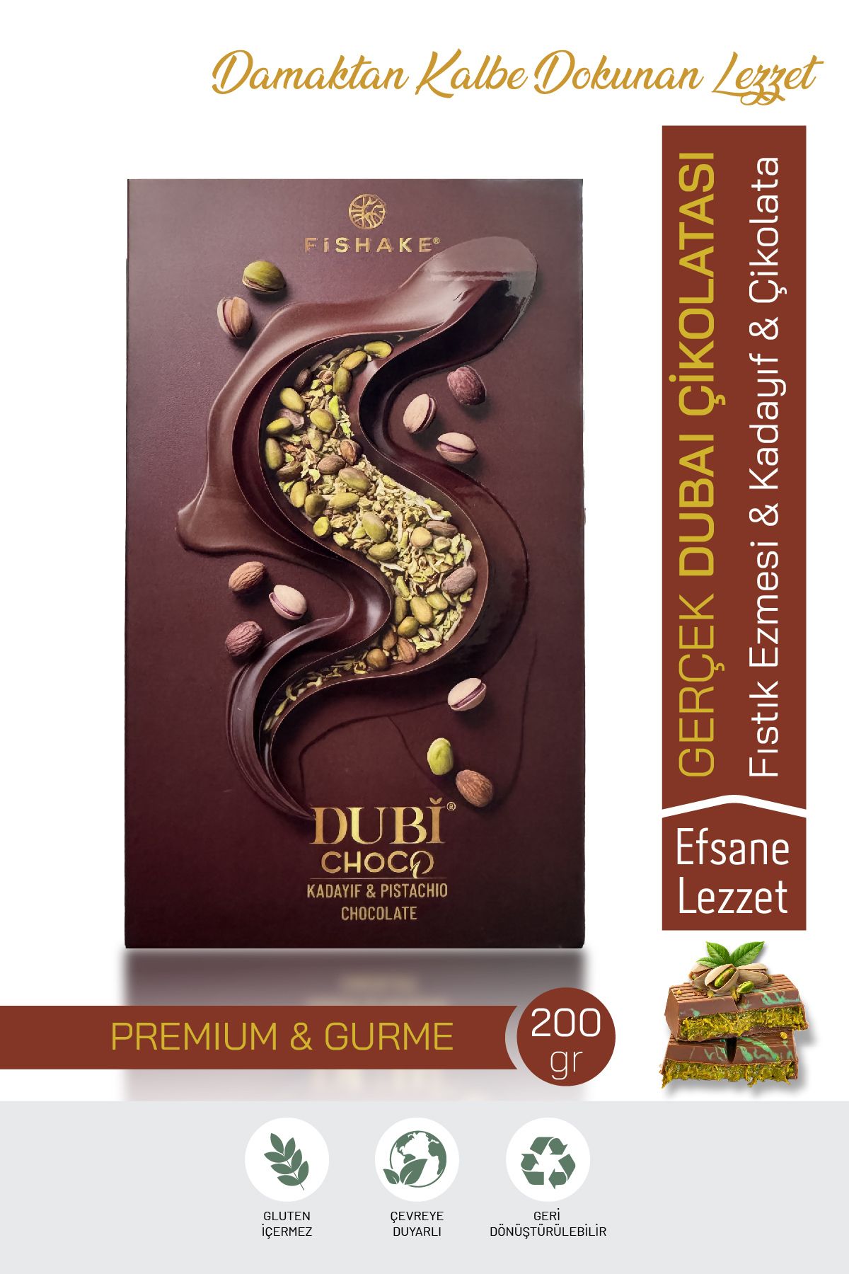 FiShake Dubi Choco Gerçek Dubai Çikolatası Fıstıklı ve Kadayıflı Dubai Lezzeti ( Krema İçermez ) 200 GR