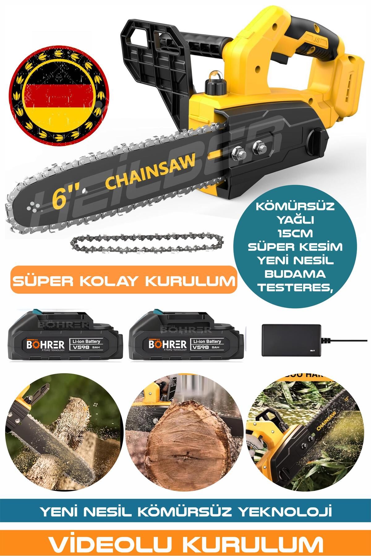 HEİLBER ALMAN BA01063S V598/21V 6'' 15CM KÖMÜRSÜZ YENİ NESİL ŞARJLI ZİNCİRLİ BUDAMA TESTERESİ VE AĞAÇ KESME