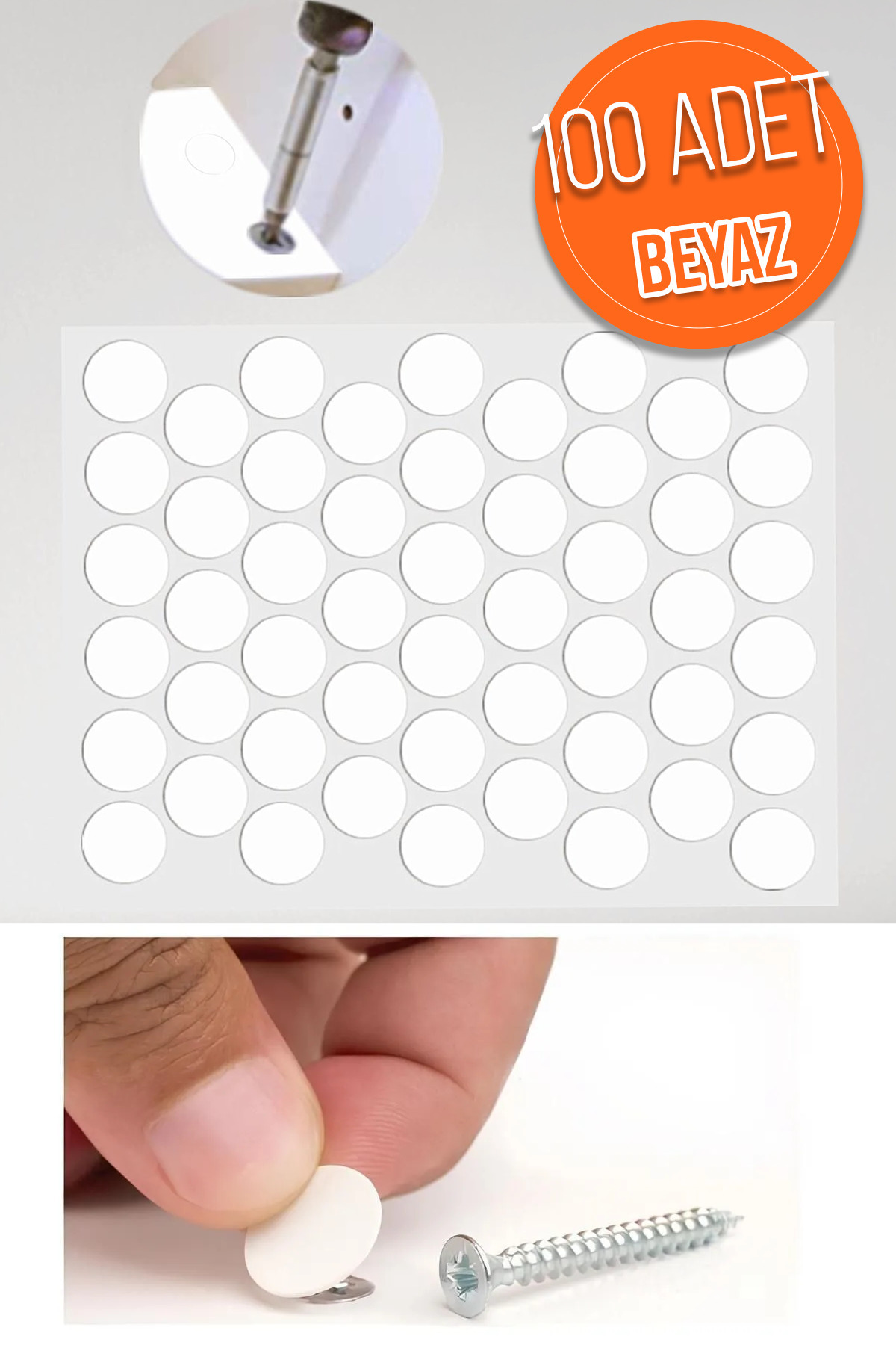 TEK Yapışkanlı Yapıştırma Vida Tapası Tıpası Beyaz Vida Kapatıcı Kapağı (100 Adet)