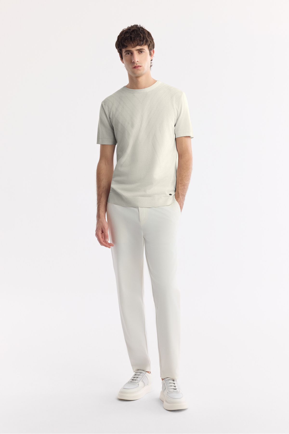 Avva-Men's Ecru Regular Fit Crew Neck Viscose Blended Textured Knitwear T-Shirt A51Y5163 5