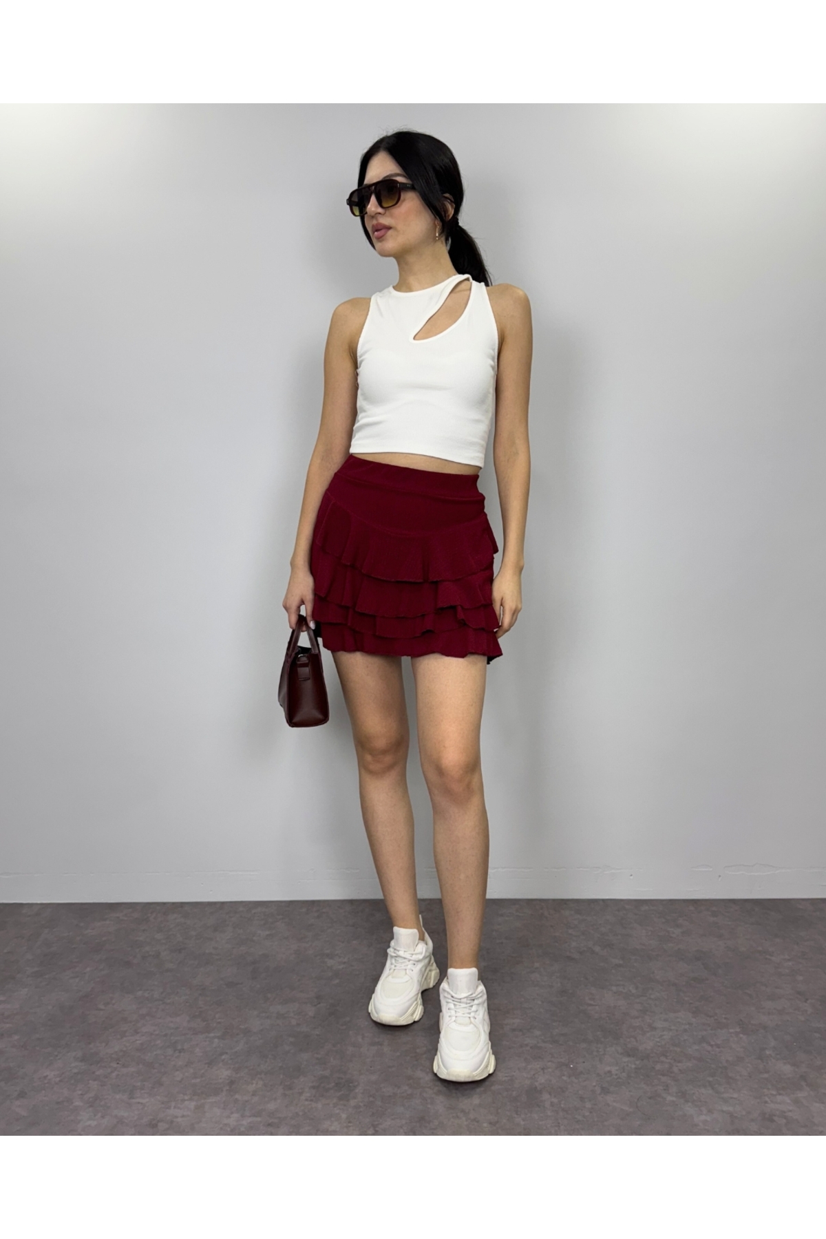 Kadın Bordo Kat Kat Fırfırlı Bürümcük Kumaş Mini Etek
