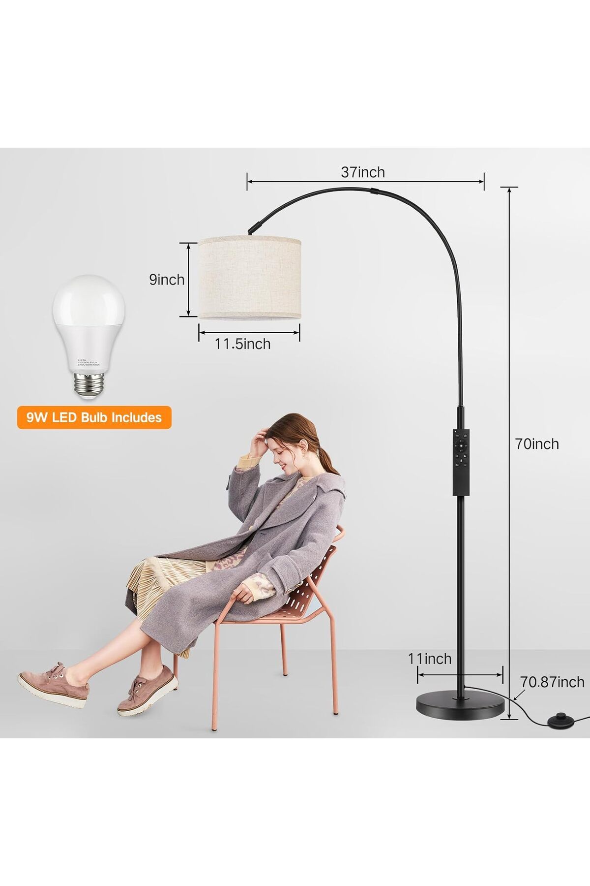 COOYA-Arc Floor Lamp, with Remote Control, 4 Colour Temperature Dimmable, 9W LED Bulb Included 7